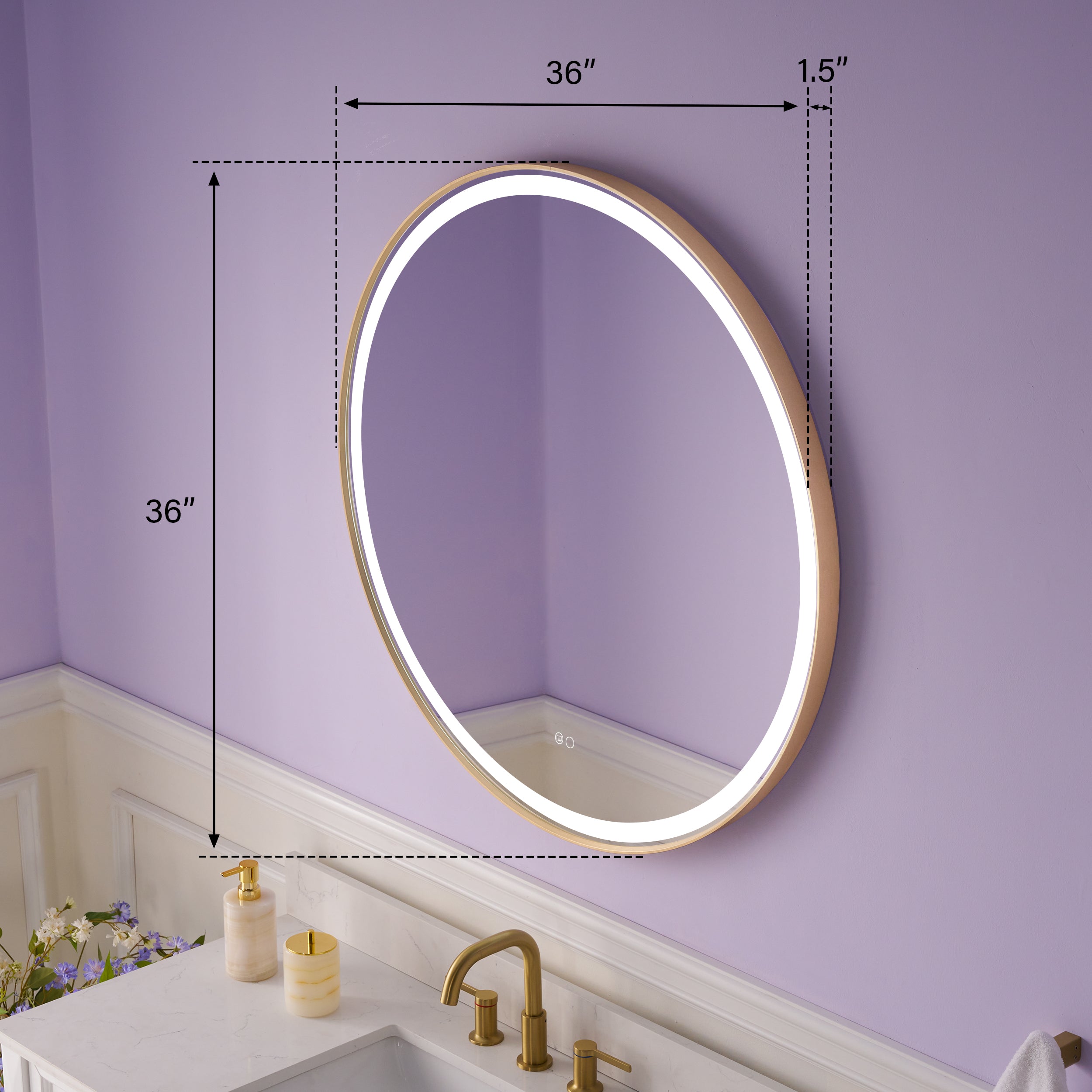 36 in.  W x 36 in.  H Brushed Gold Framed Round LED Light Bathroom Vanity Mirror