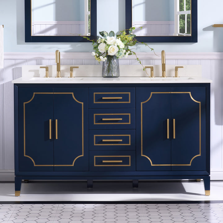 Melody 60 in. W x 22 in. D x 35 in. H Freestanding Bathroom Vanity in Navy Blue with Carrara White Quartz Vanity Top