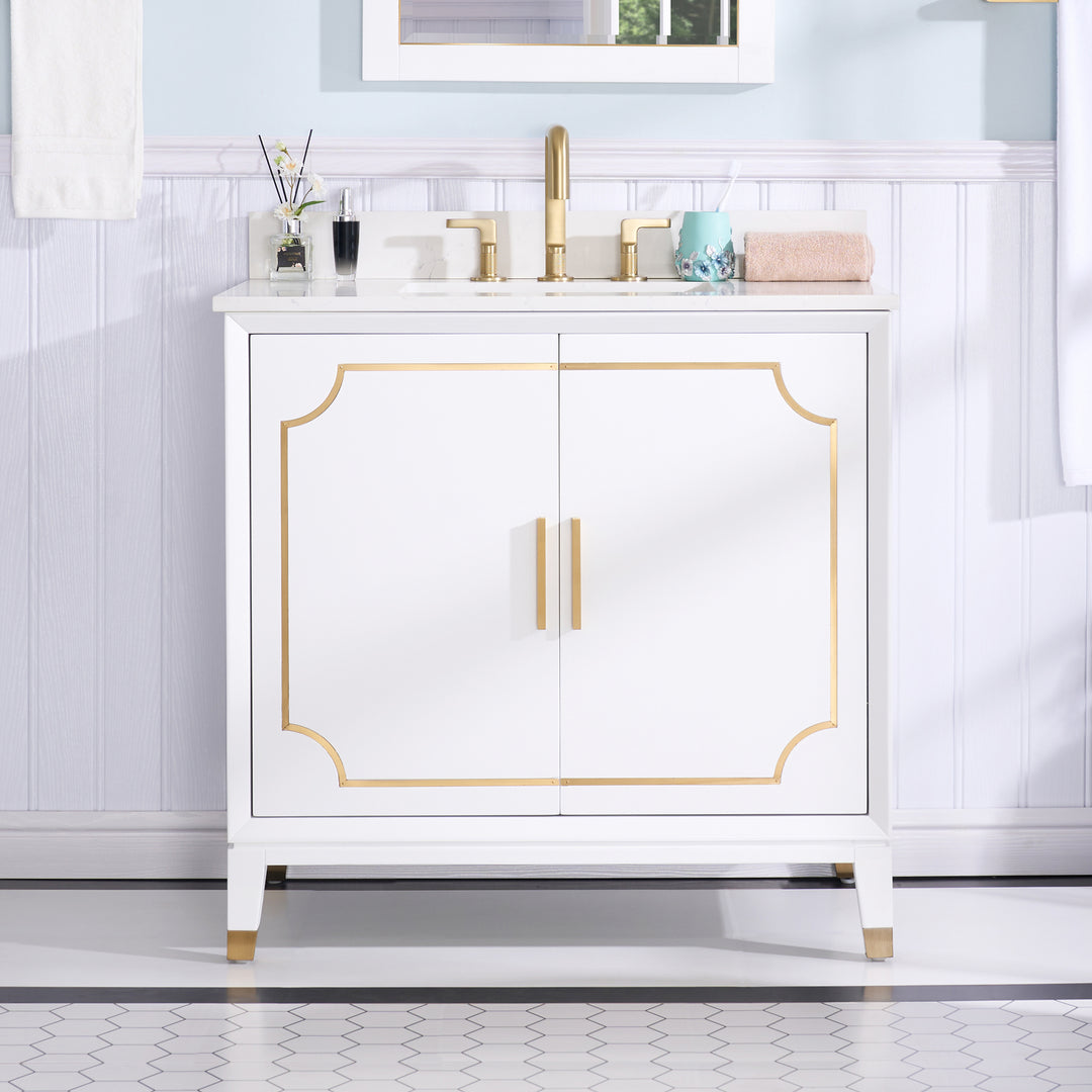 36 in. Freestanding Bathroom Vanity in White with Carrara White Quartz Vanity Top