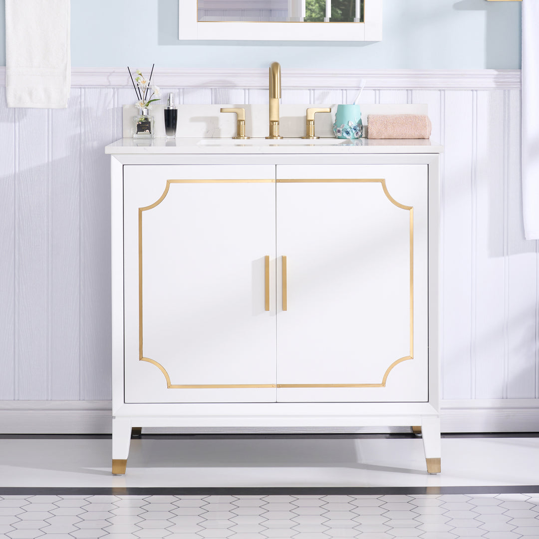 Melody 36 in. W x 22 in. D x 35 in. H Freestanding Bathroom Vanity in White with Carrara White Quartz Vanity Top