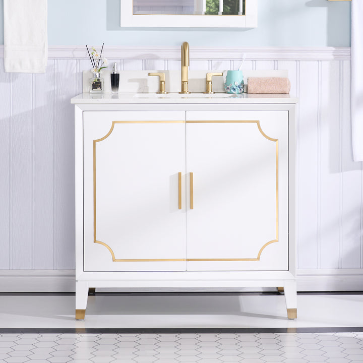 Melody 36 in. W x 22 in. D x 35 in. H Freestanding Bathroom Vanity in White with Carrara White Quartz Vanity Top