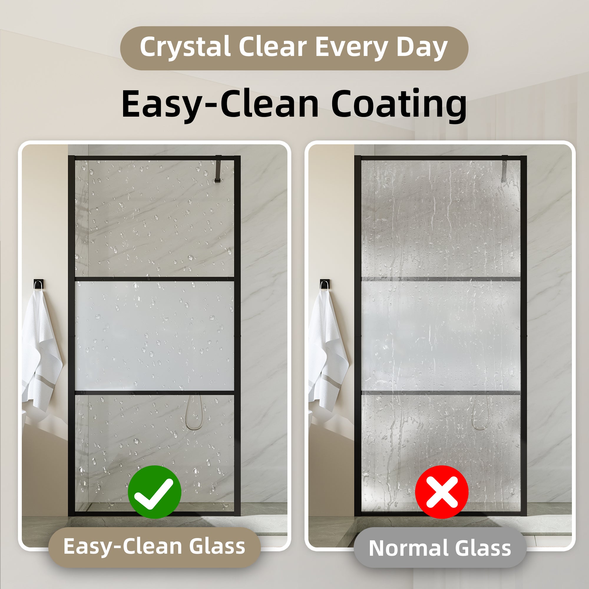 33 5/8-34” x 72” Frosted Tempered Glass Shower Door Panel, Fixed Walk-In Shower Screen with Matte Black Frame