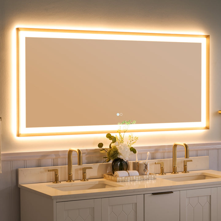 60 in. W x 28 in. H Aluminium Framed Front and Back LED Light Bathroom Vanity Mirror in Brushed Gold