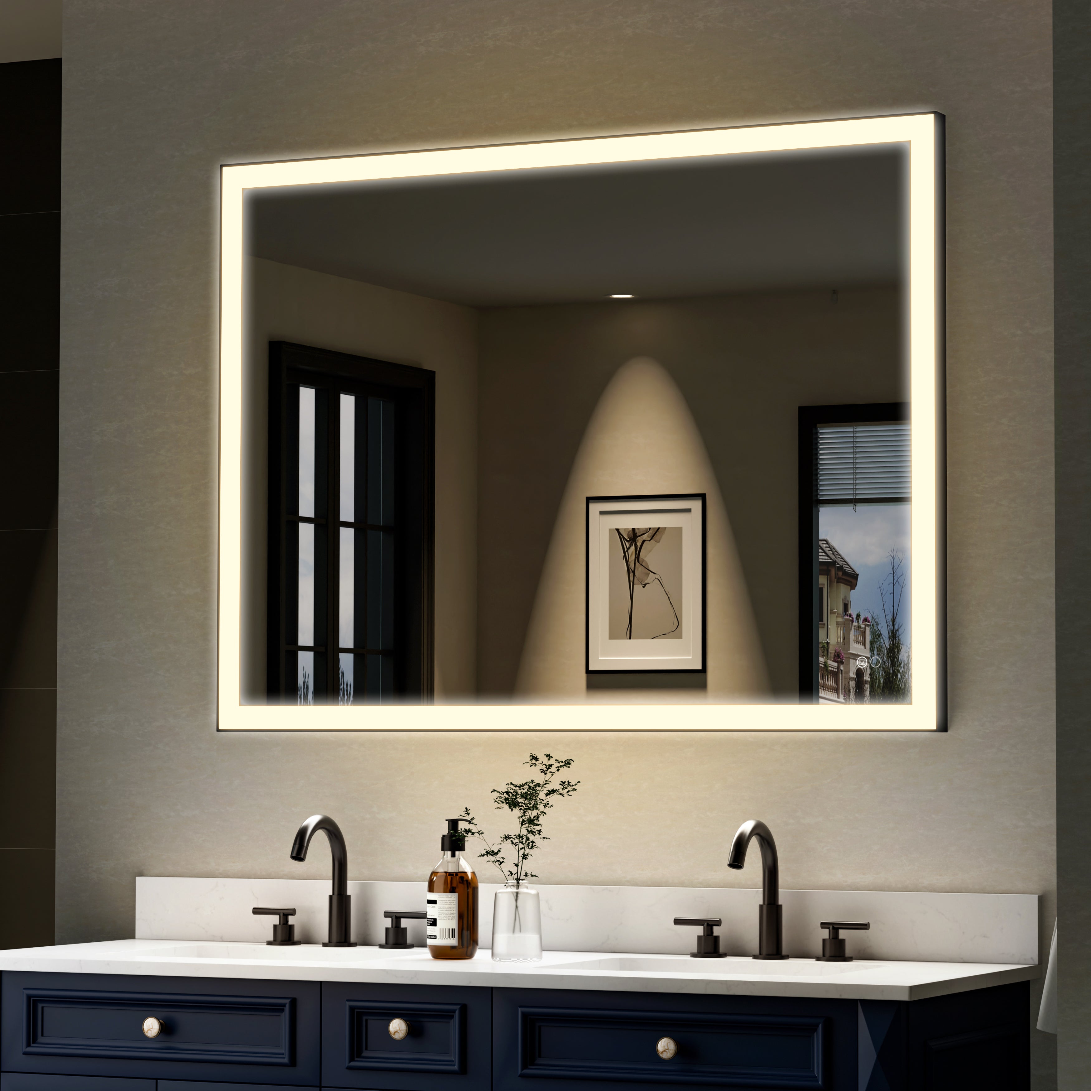 48 in. W x 36 in. H Aluminium Framed Rectangular LED Light Bathroom Vanity Mirror in Matte Black