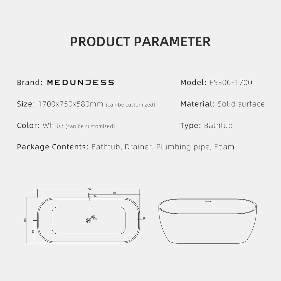 67" Stone Resin Solid Surface Matte Freestanding Bathtub, White