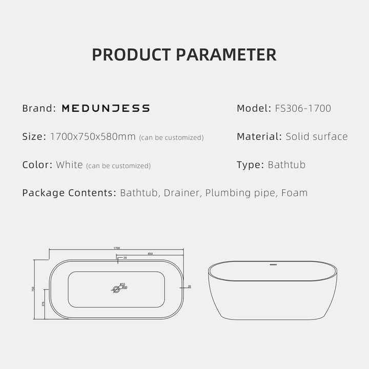 67" Stone Resin Solid Surface Matte Freestanding Bathtub, White