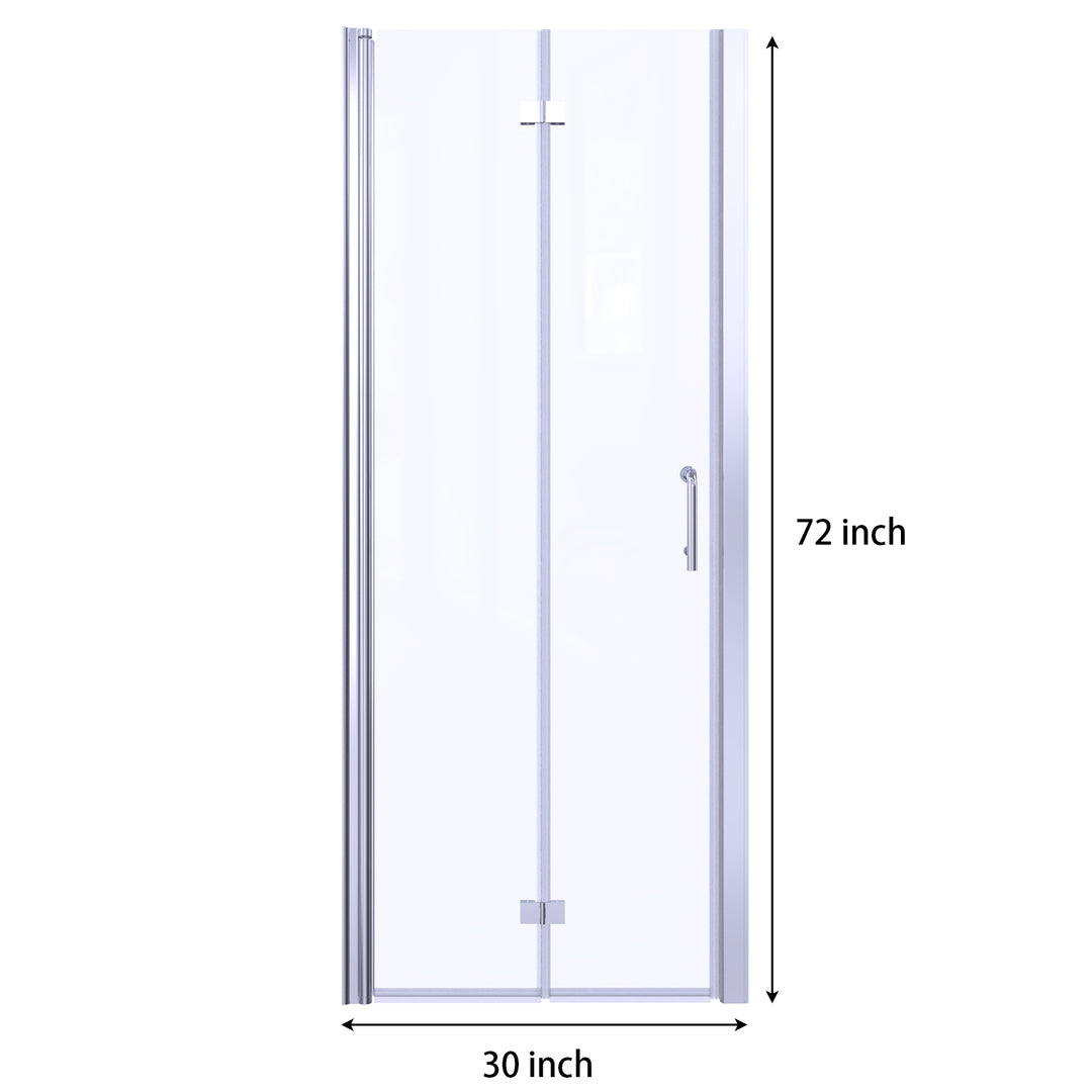 30" W x 72" H Folding Shower Door Semi-Frameless Hinged Chrome Shower Door with Handle
