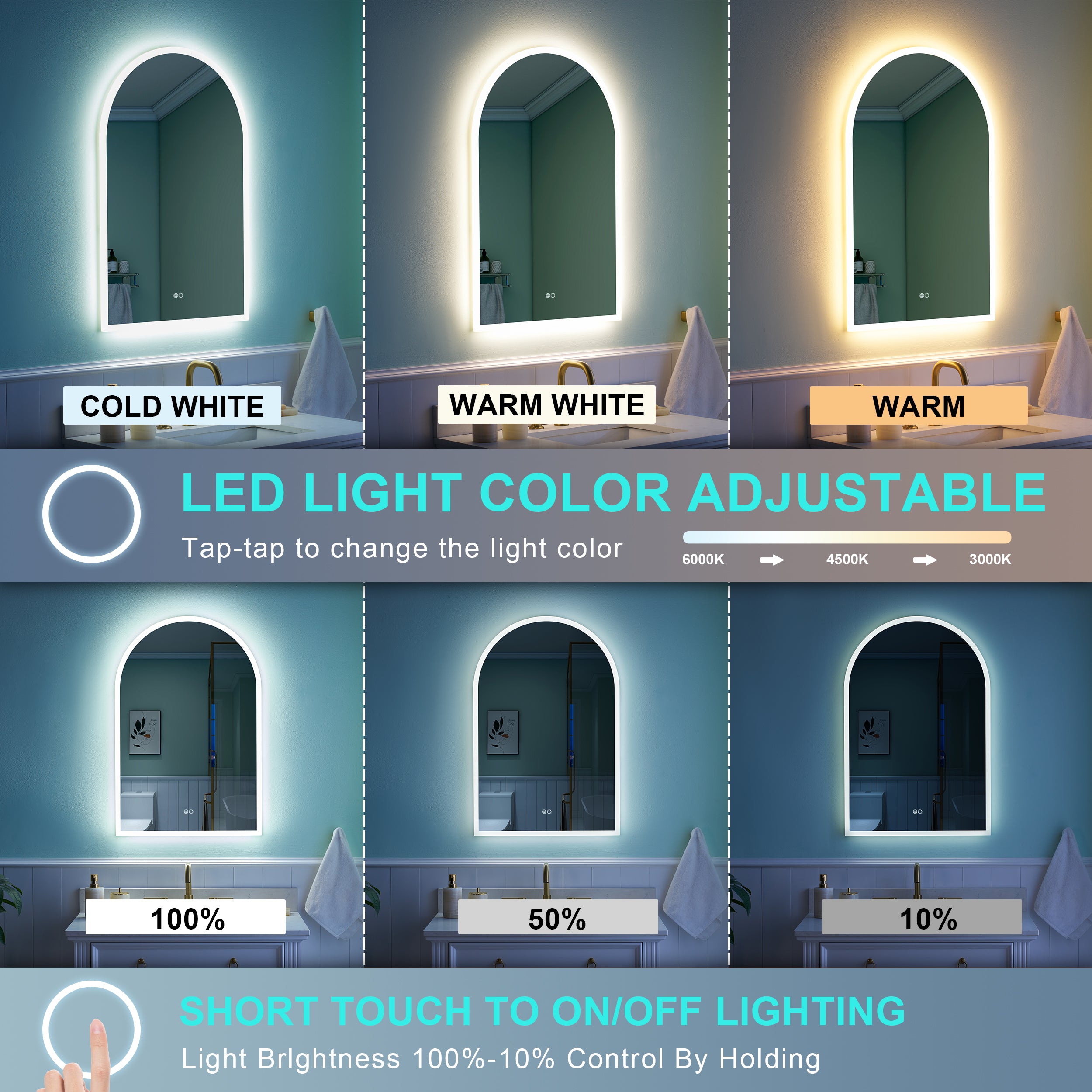 24x36 Inch Frameless LED Bathroom Vanity Mirror Arched Top– Dimmable, Anti-Fog, Wall-Mounted