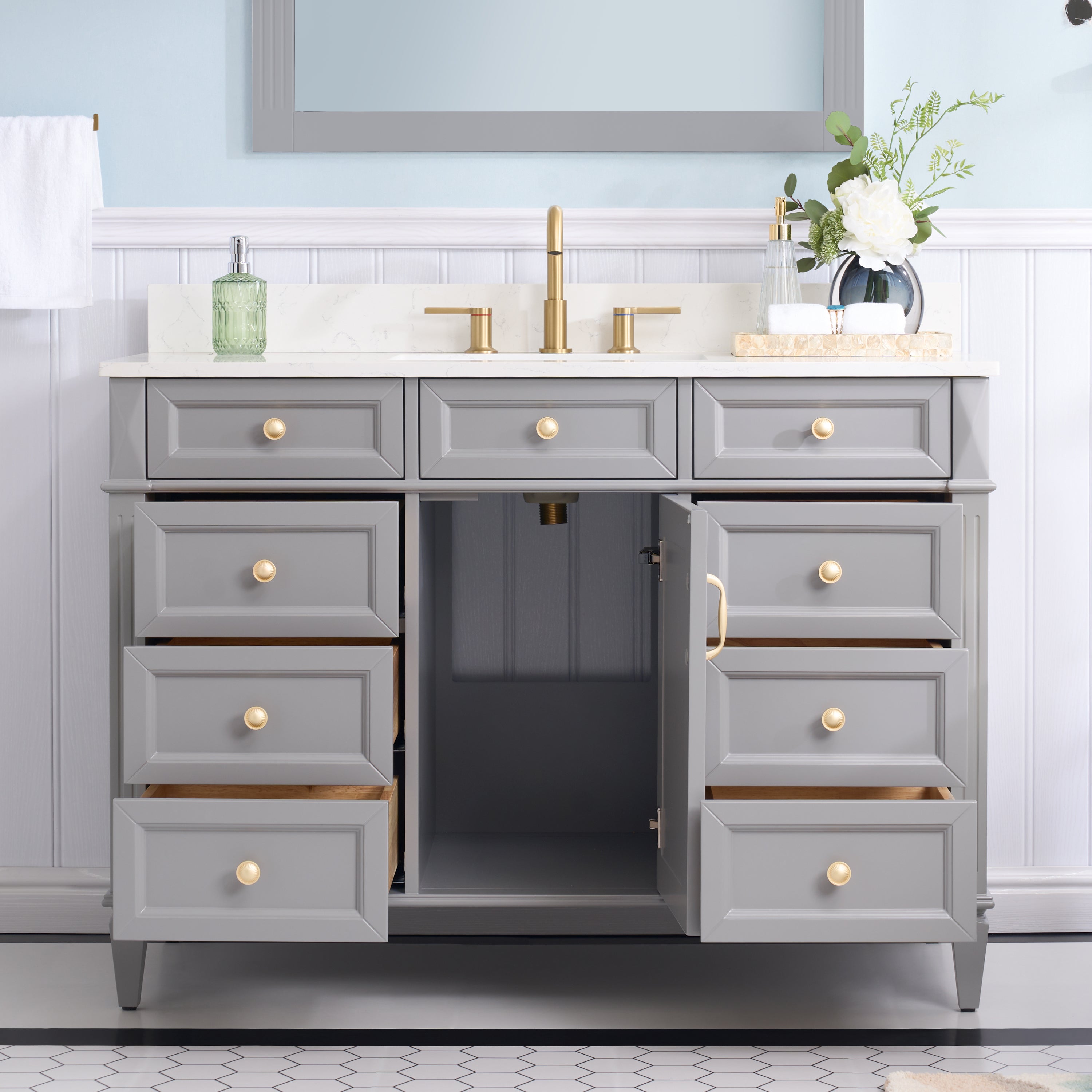 48 in. Grey Bathroom Vanity with Carrara white Quartz Top and Single Basin