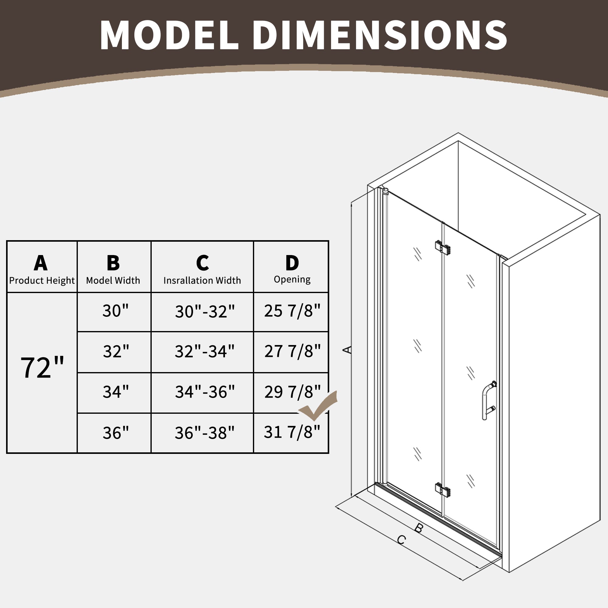 34-36 in. W x 72 in. H Modern Semi-Frameless 1/4 in. Tempered Glass Bifold Pivot Shower Door with Reversible Installation, Matte Black
