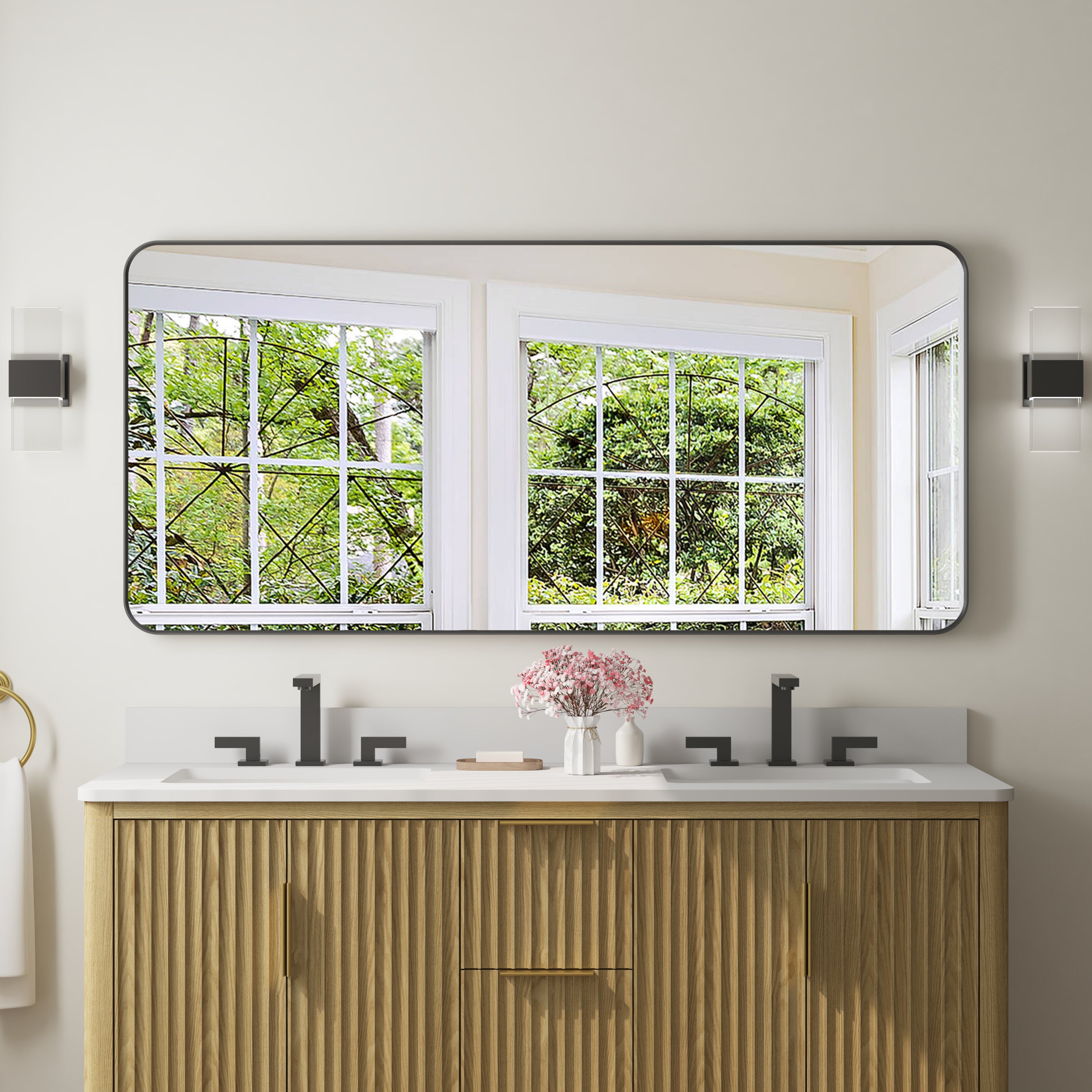 60-in W x 28-in H Black Rectangular Framed Bathroom Vanity Mirror