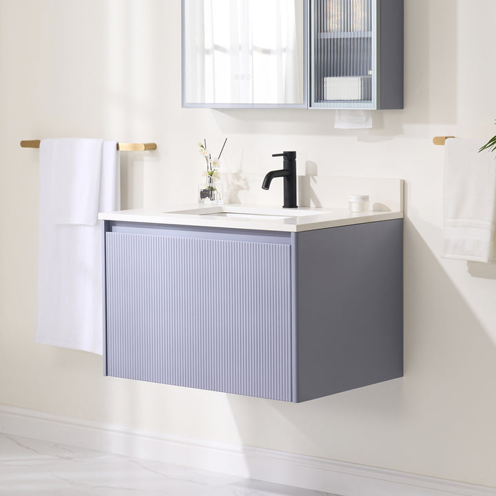 30 in. Modern Style Floating Bathroom Vanity in Lavender with White Carrara Quartz Vanity Top with White Sink