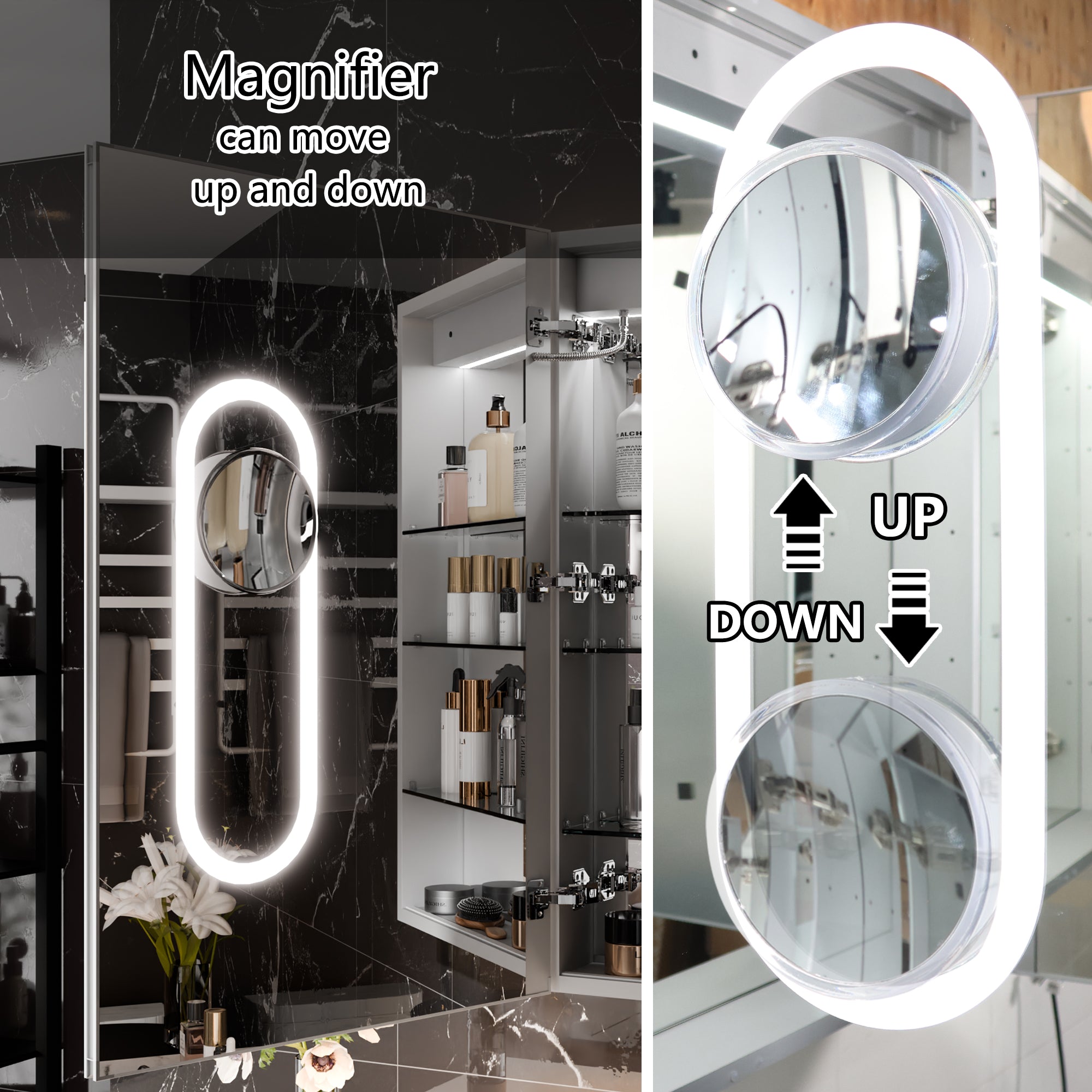 WELLFOR 48 in. x 36 in. Recessed/Surface Mount Right Medicine Cabinet with 5X Magnifier Mirror and Night Light