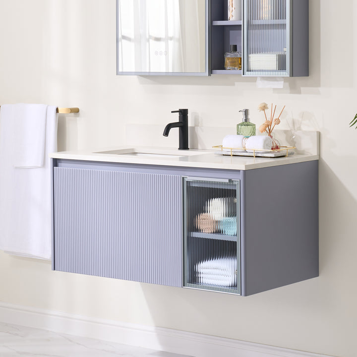 40 in. Modern Style Floating Bathroom Vanity in Lavender with White Quartz Vanity Top with White Sink