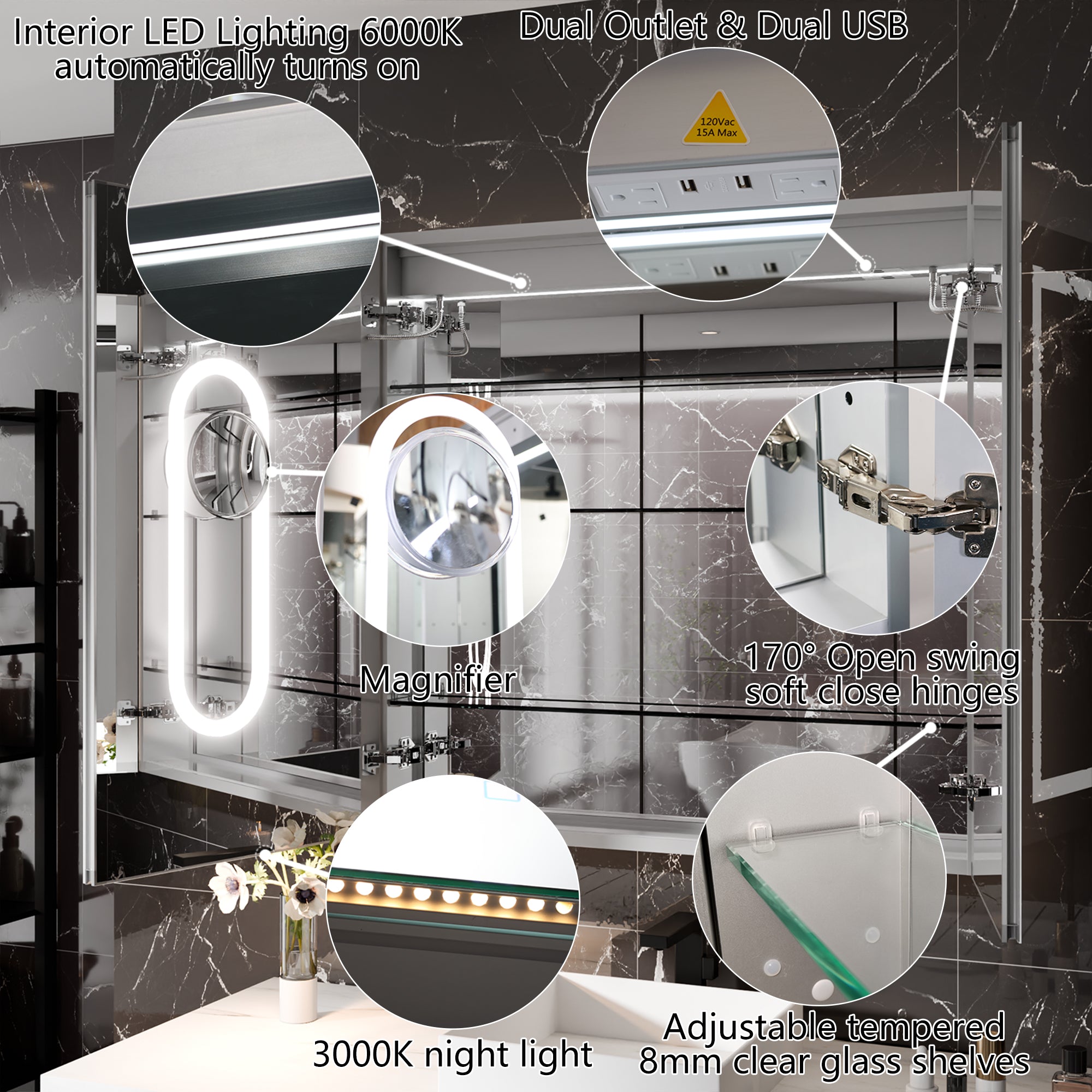 WELLFOR 36 in. x 36 in. Recessed/Surface Mount Right Medicine Cabinet with 5X Magnifier Mirror and Night Light