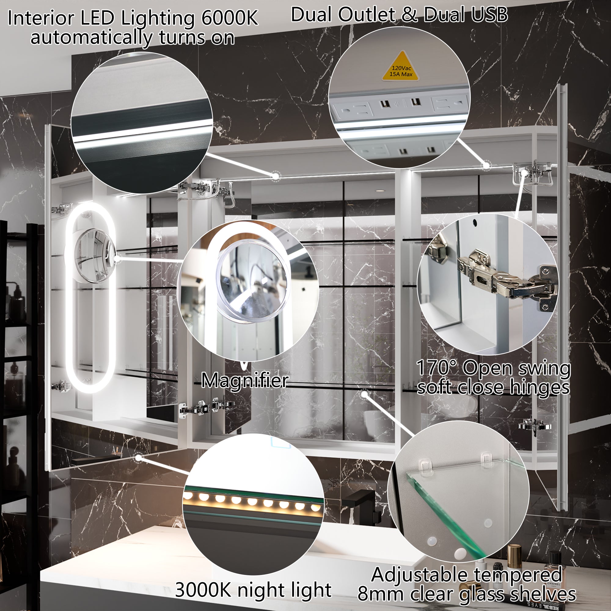 WELLFOR 42 in. x 36 in. Recessed/Surface Mount LED Medicine Cabinet with 5X Magnifier Mirror and Night Light