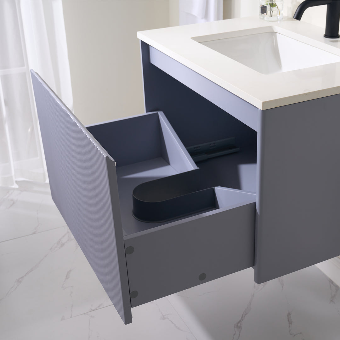 30 in. Modern Style Floating Bathroom Vanity in Lavender with White Carrara Quartz Vanity Top with White Sink