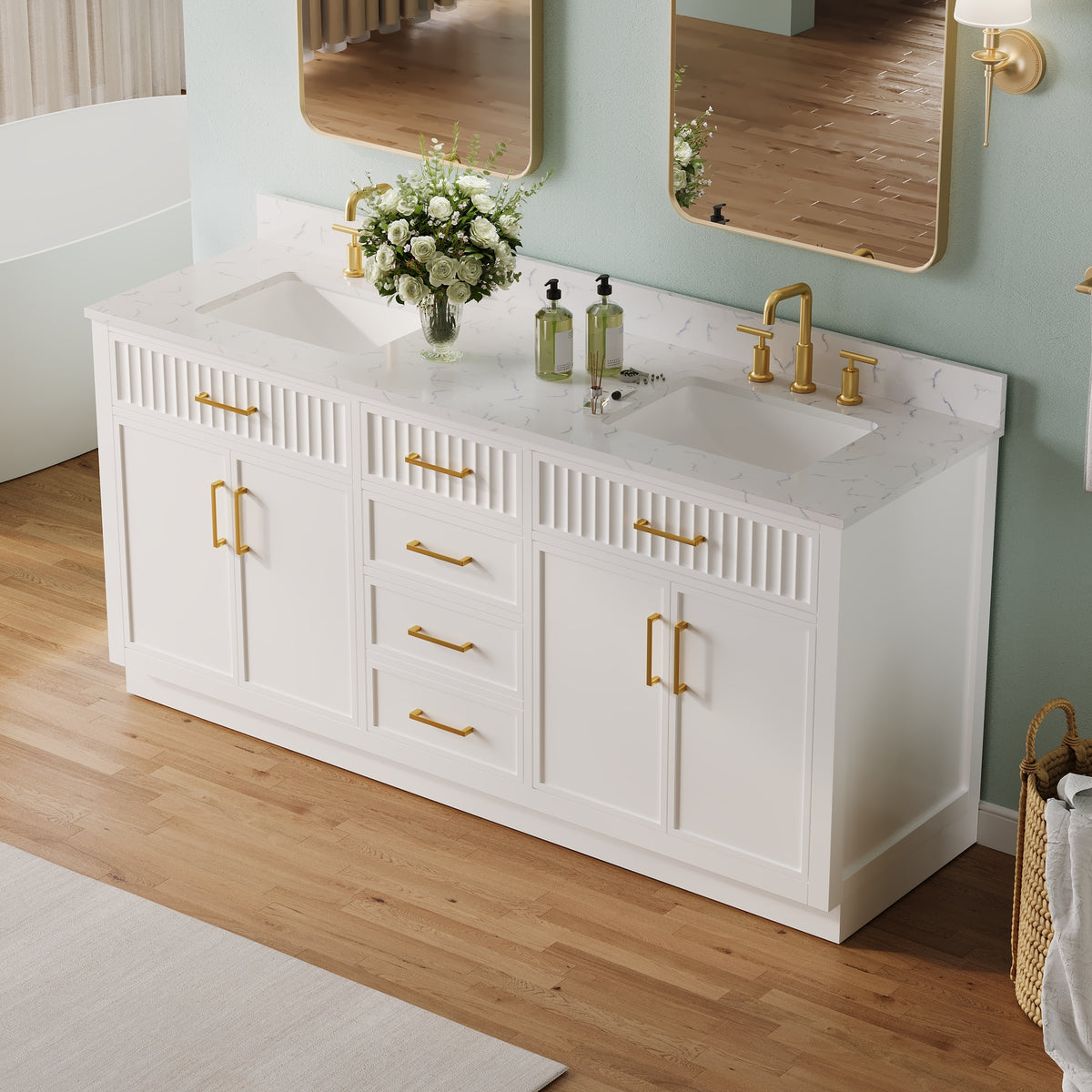 72 Inch Freestanding Solid Wood & Plywood Bathroom Vanity with Soft-Close Drawers, Carrara White Quartz Countertop, White