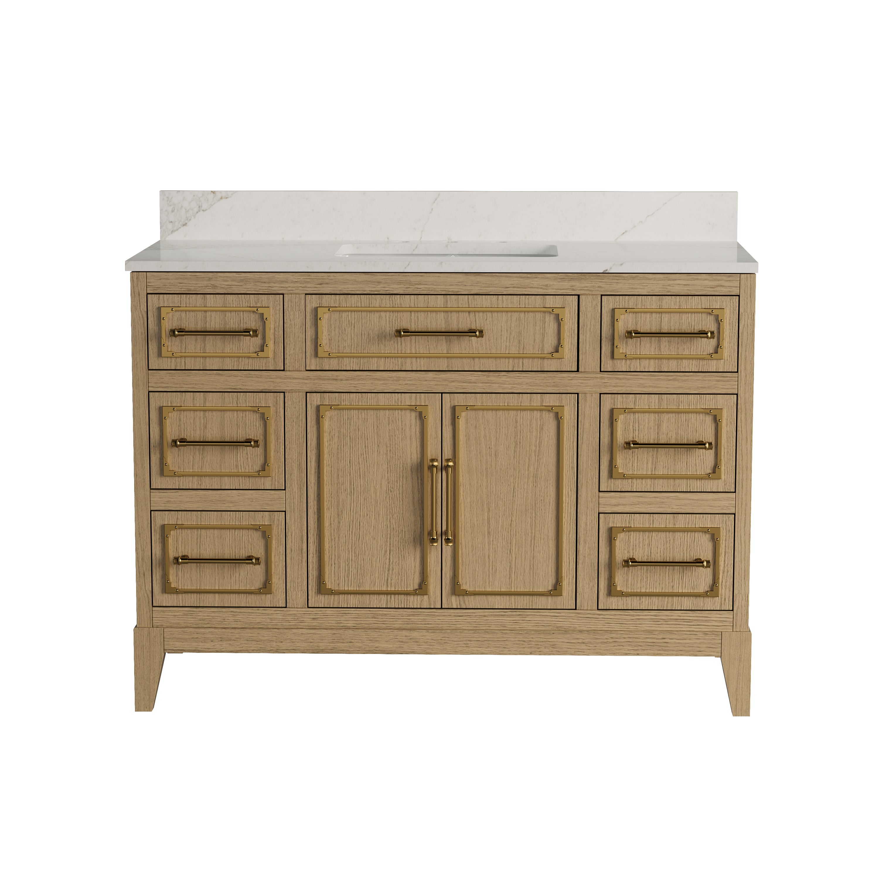 48 Inch Luxury Solid Oak Bathroom Vanity with Calacatta Quartz Countertop & Sink, 6 Soft-Close Drawers and 1 Flip Drawer