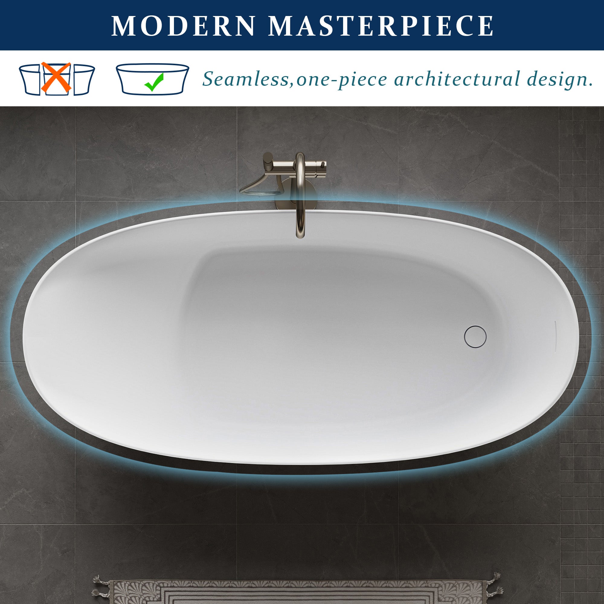 67" Matte White Freestanding Solid Surface Bathtub with Overflow and Drain, 74 Gallons