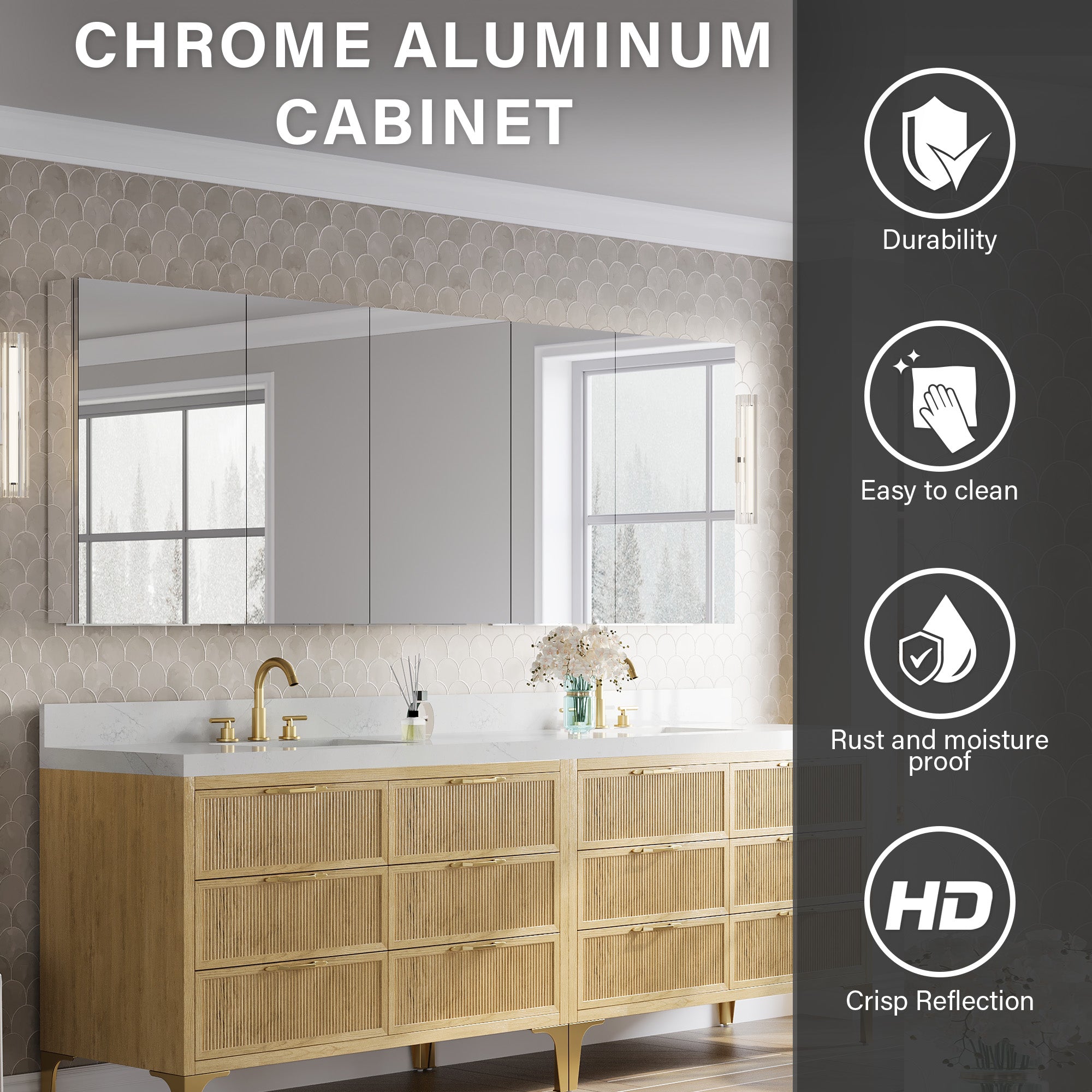 92 in.×32 in.H Copper-Free Mirror Medicine Cabinet with Soft-Close Blum® Hinges and 5 Doors