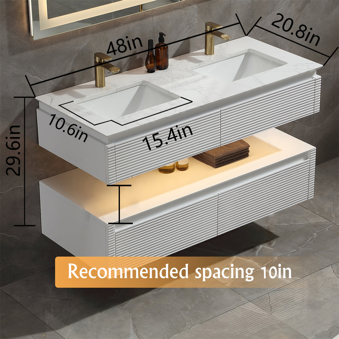 48" Floating Bathroom Vanity Set in White with Lights and White Marble Countertop with Double Basin
