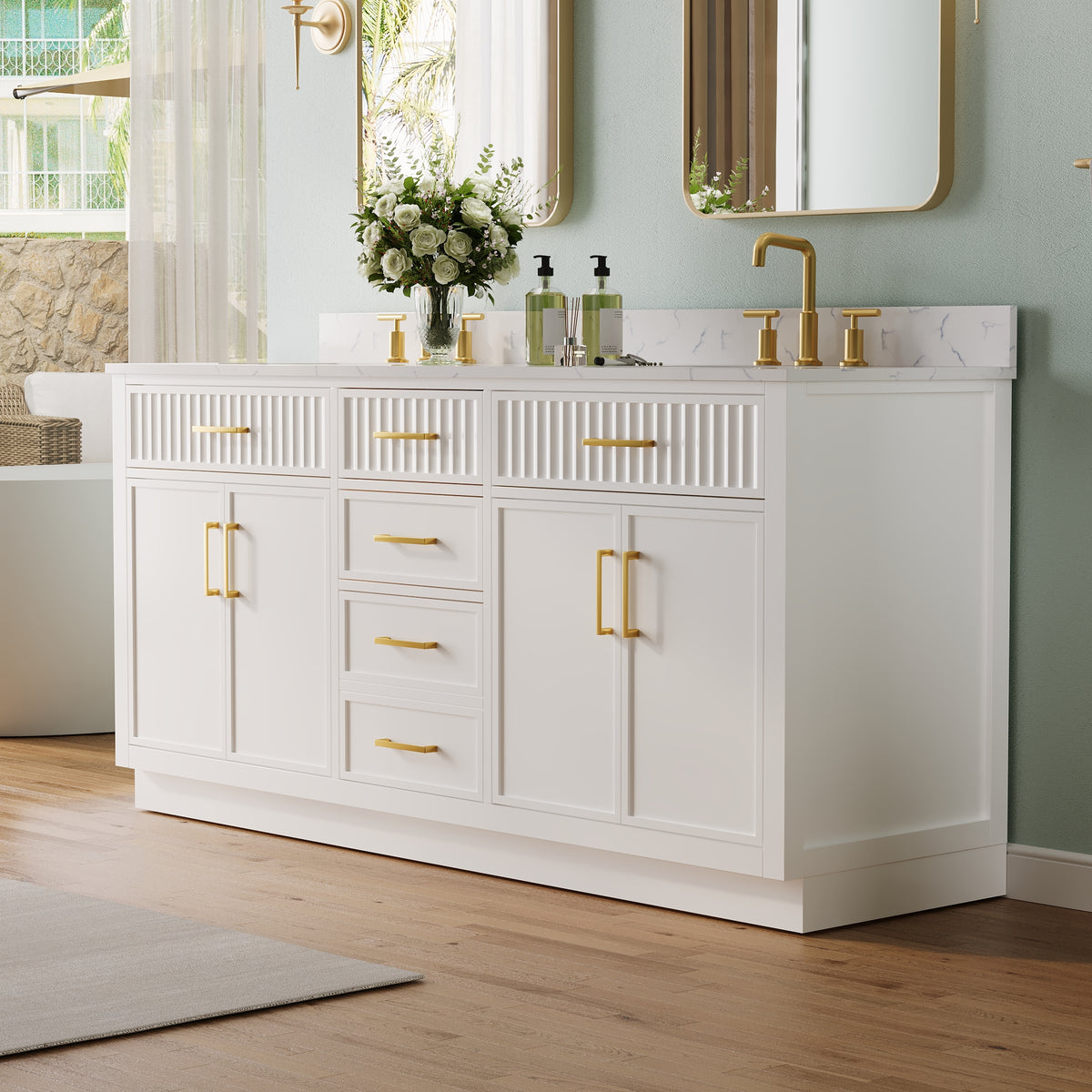 72 Inch Freestanding Solid Wood & Plywood Bathroom Vanity with Soft-Close Drawers, Carrara White Quartz Countertop, White