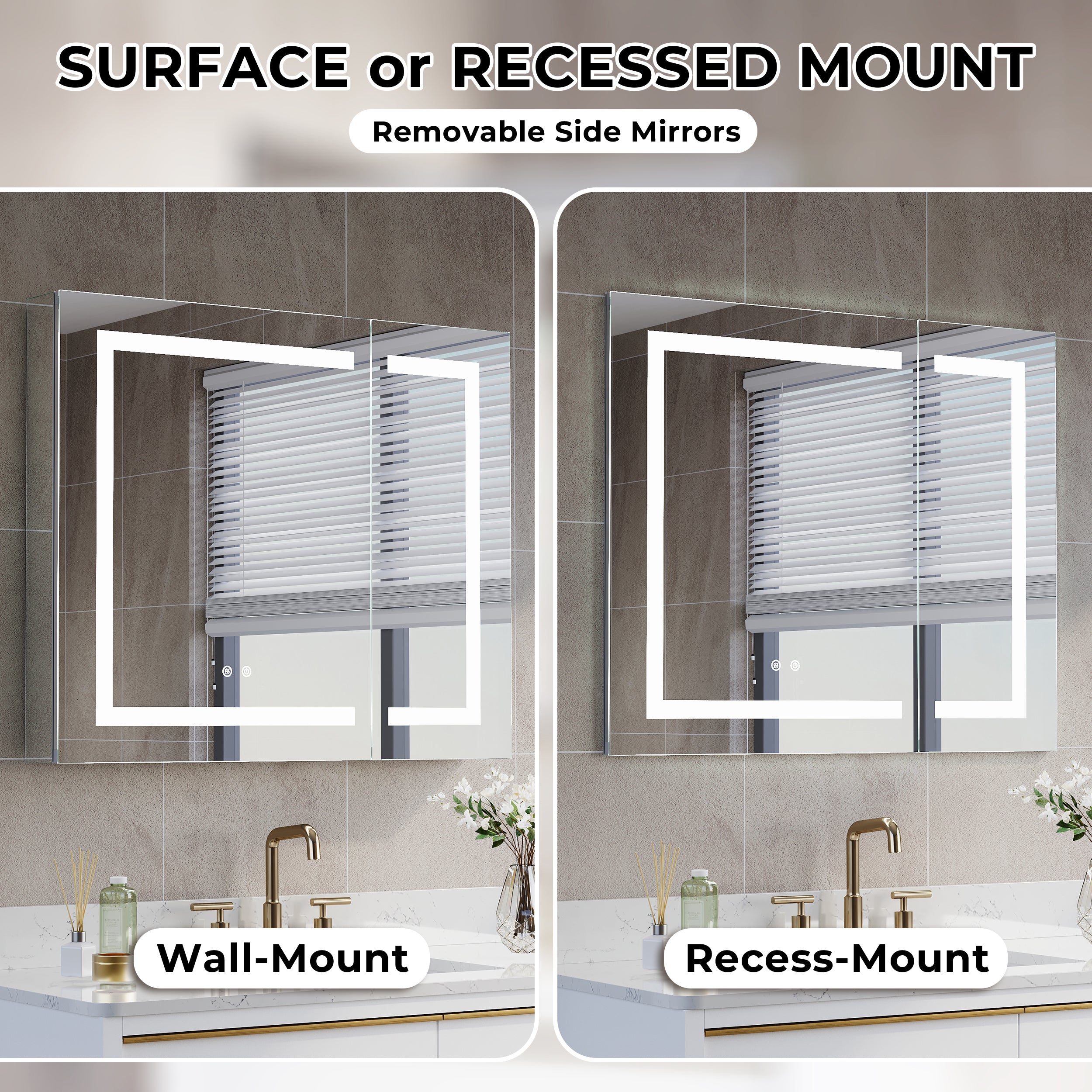 36 in. x 30 in. LED Lighted Surface/Recessed Mount Aluminum Mirror Medicine Cabinet Anti-Fog Dimmable with Outlet