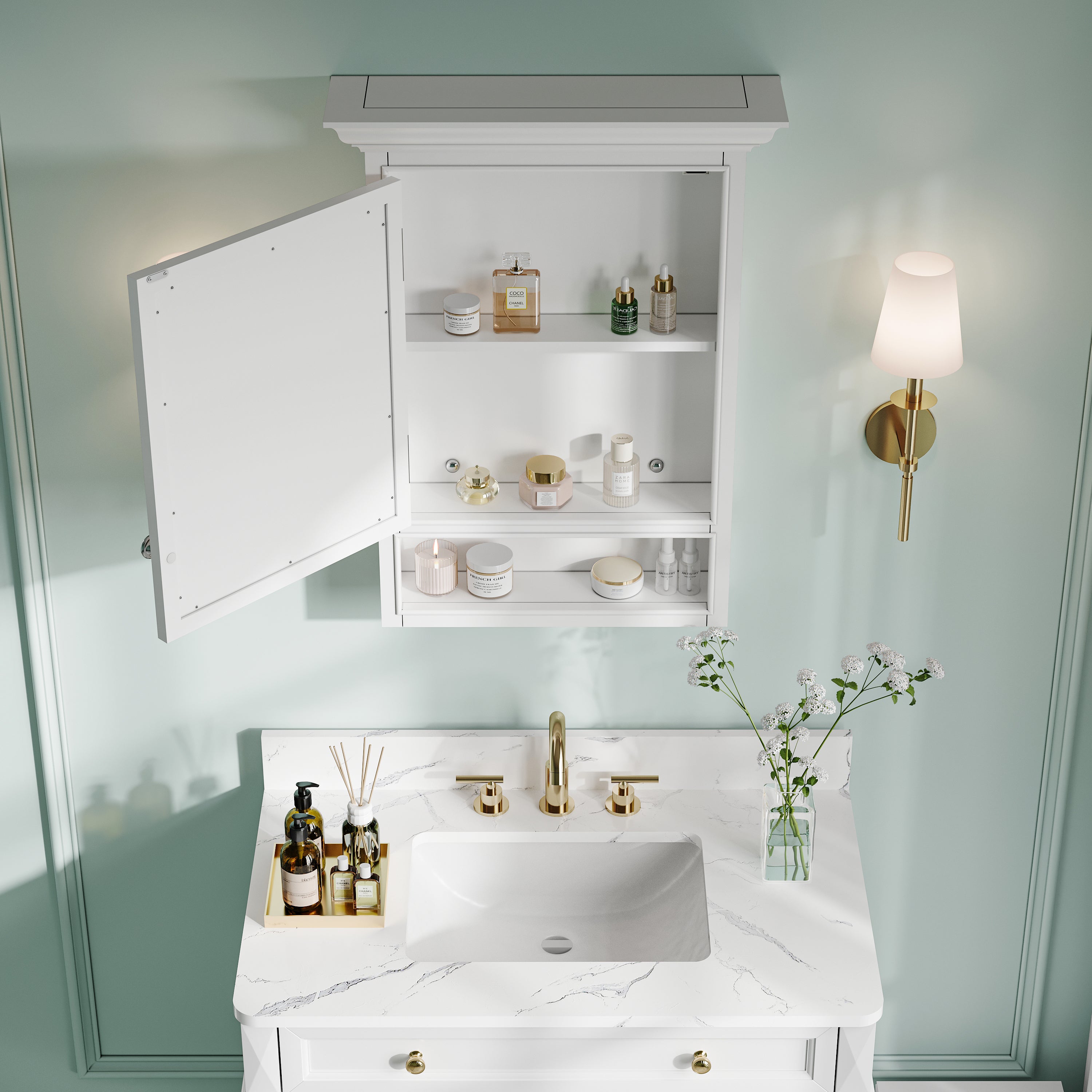 24-In W x 32-In H Surface-Mount Wood Medicine Cabinet with Mirror for Bathroom