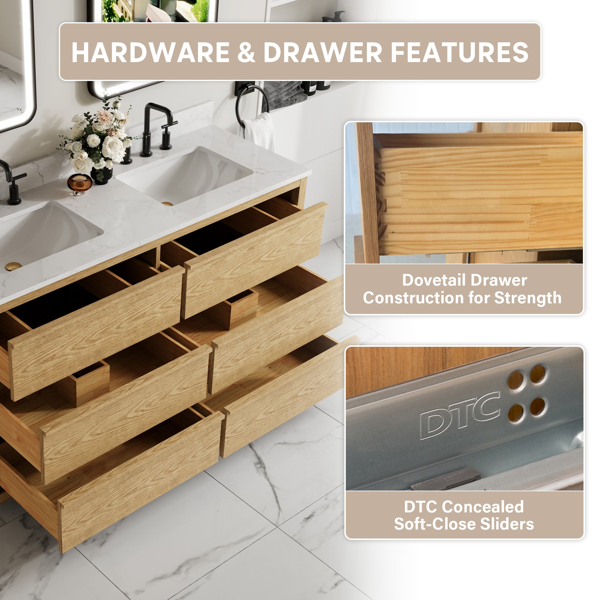 60 Inch Oak Soild Wood Bathroom Vanity with Double Undermount Sinks, 6 Dovetail-constructed Drawers