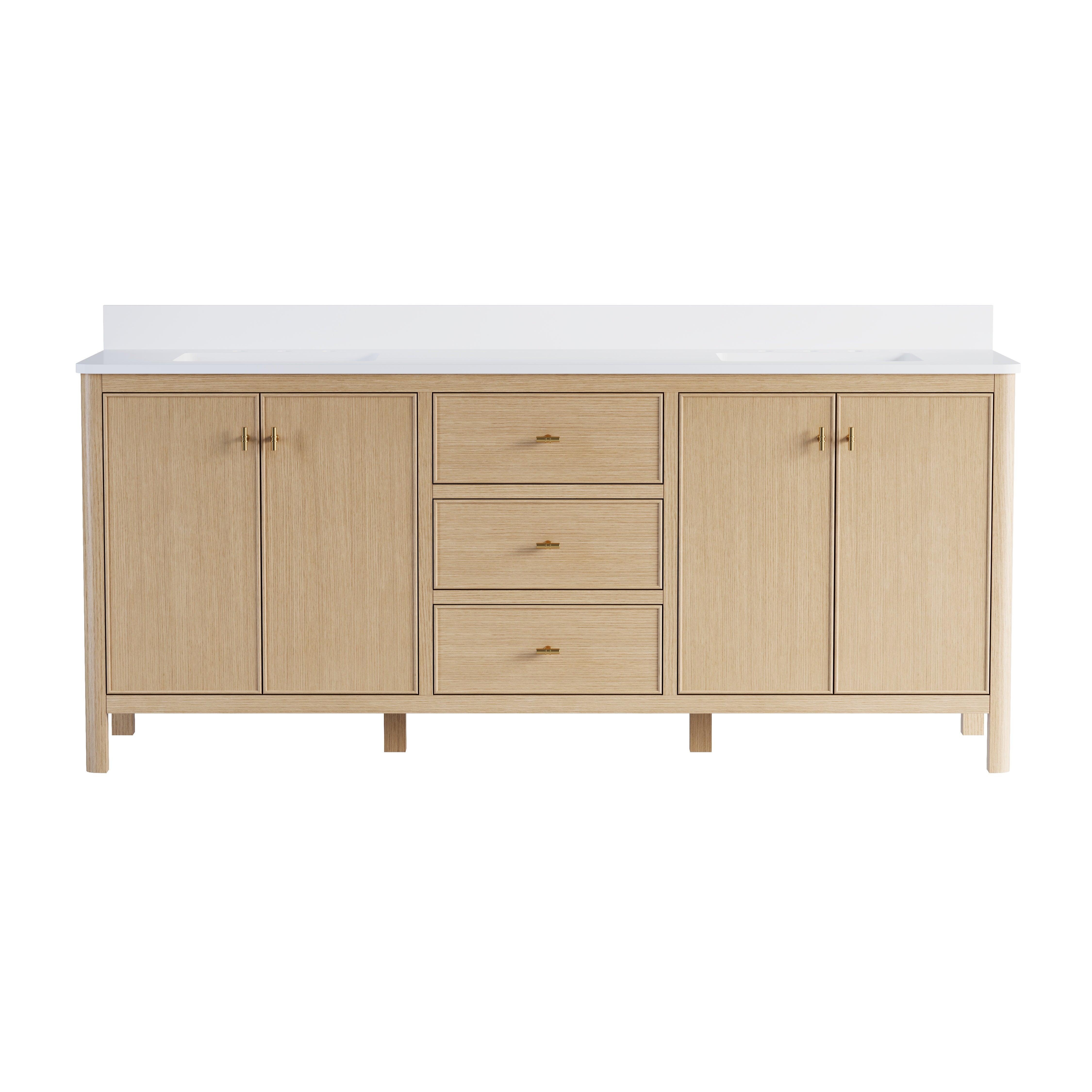 80 Inch Solid Wood Oak Bathroom Vanity with White Quartz Countertop & Sink – 3 Dovetail Soft-Close Drawers