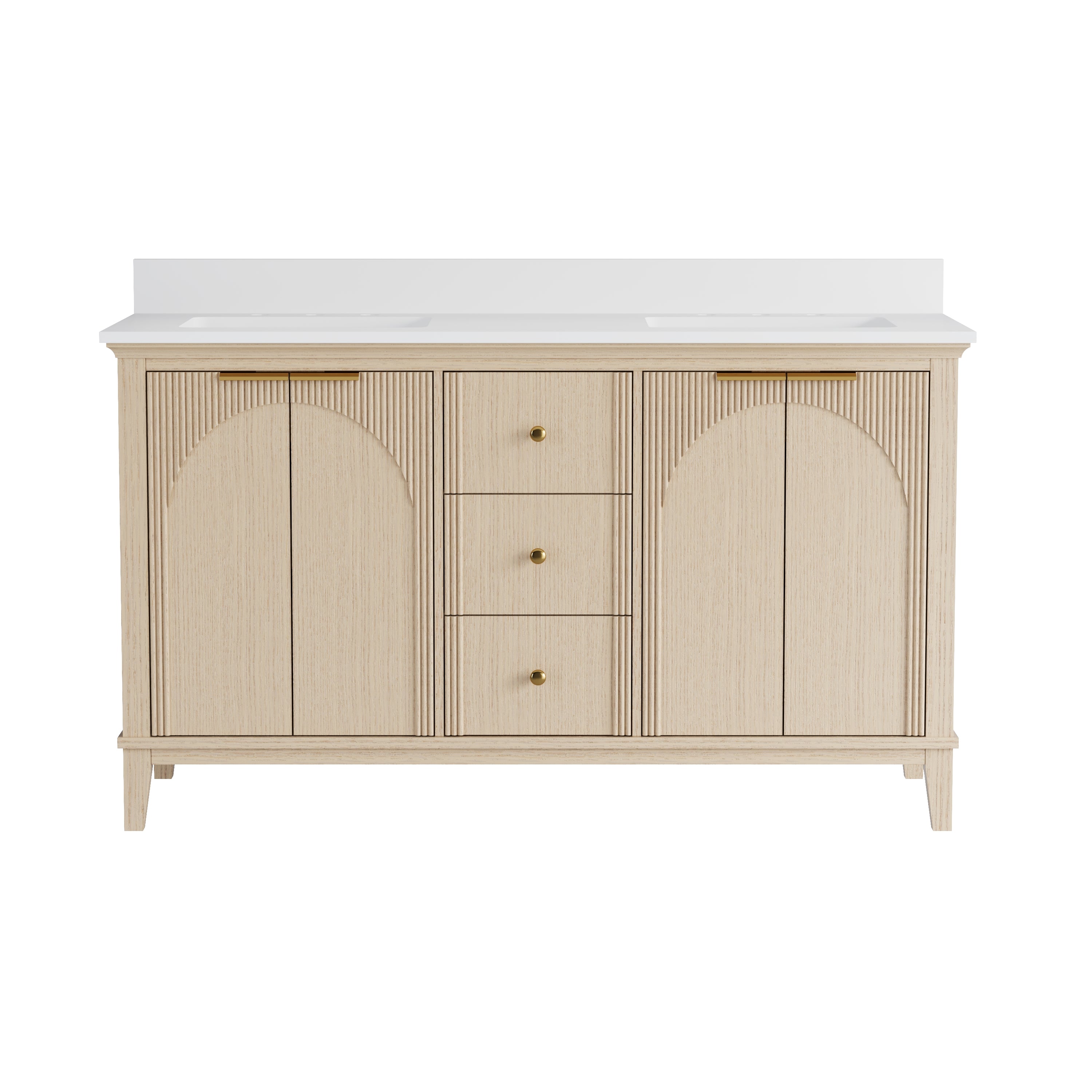 60 Inch Modern Light Oak Solid Wood Bathroom Vanity with White Quartz Countertop & 3 Soft-Close Drawers