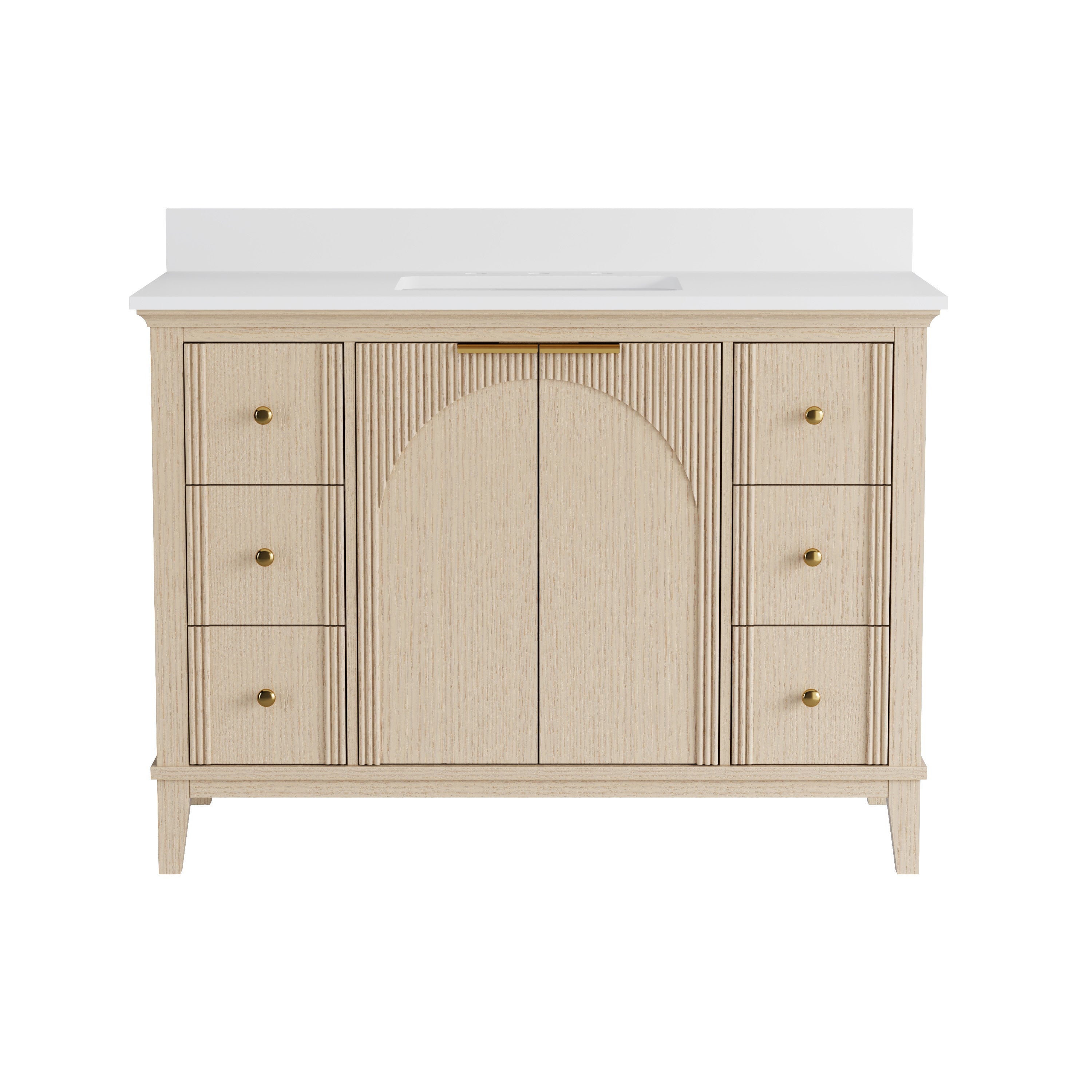 48 Inch Modern Light Oak Solid Wood Bathroom Vanity with White Quartz Countertop & Soft-Close Drawers