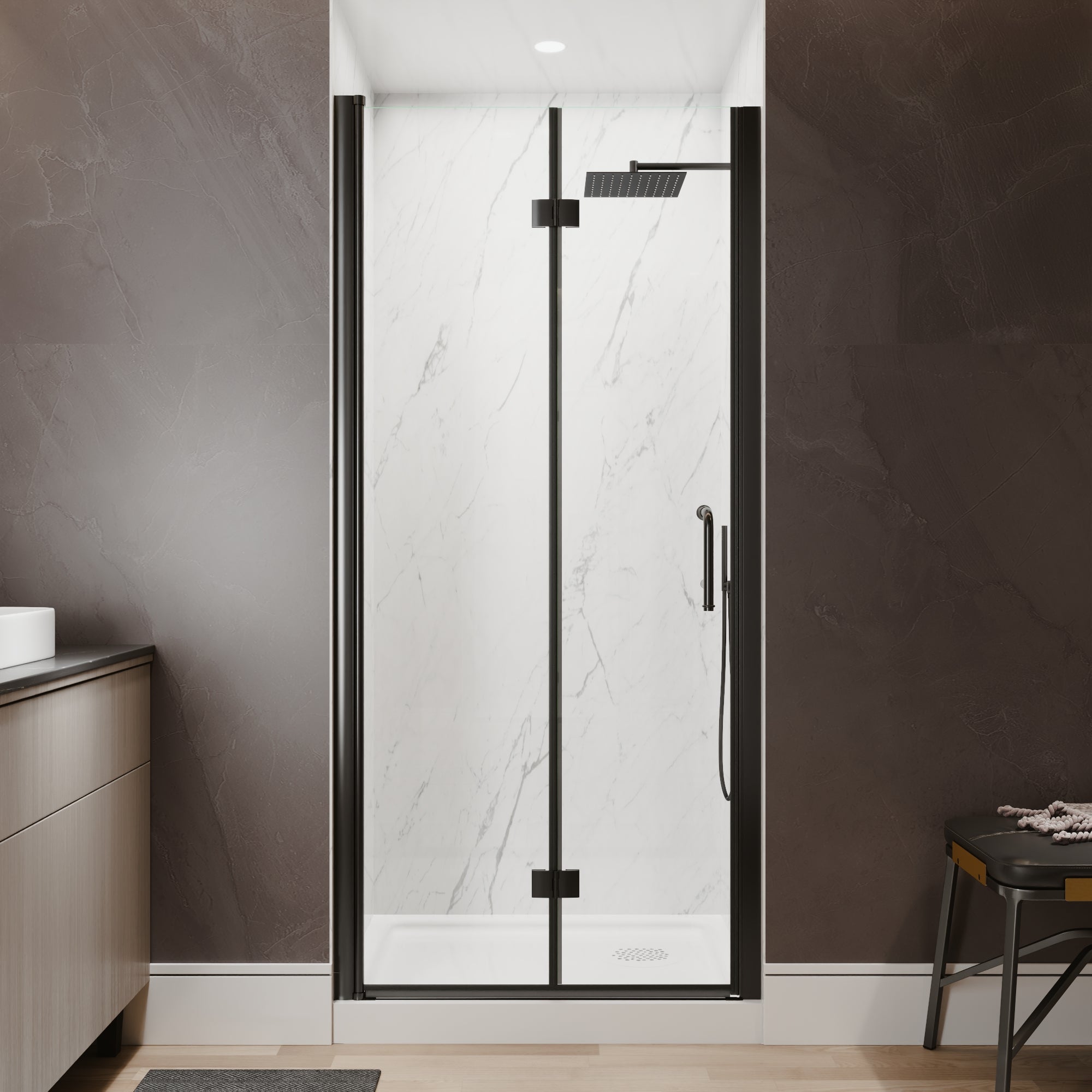 34-36 in. W x 72 in. H Modern Semi-Frameless 1/4 in. Tempered Glass Bifold Pivot Shower Door with Reversible Installation, Matte Black