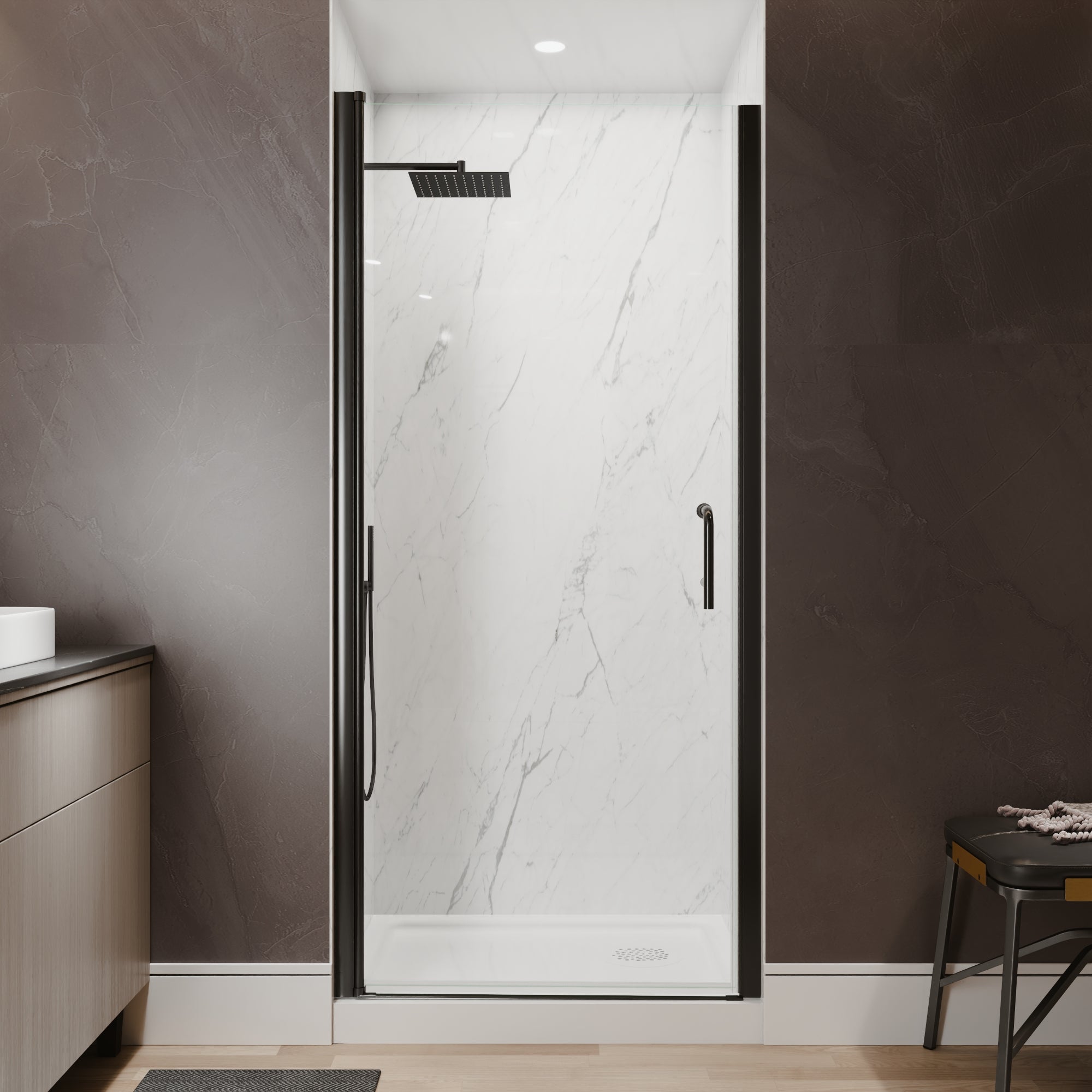 34-36 in. W x 72 in. H Semi-Frameless Pivot Shower Door with 1/4 in SGCC Tempered Glass, Reversible Installation, Matte Black