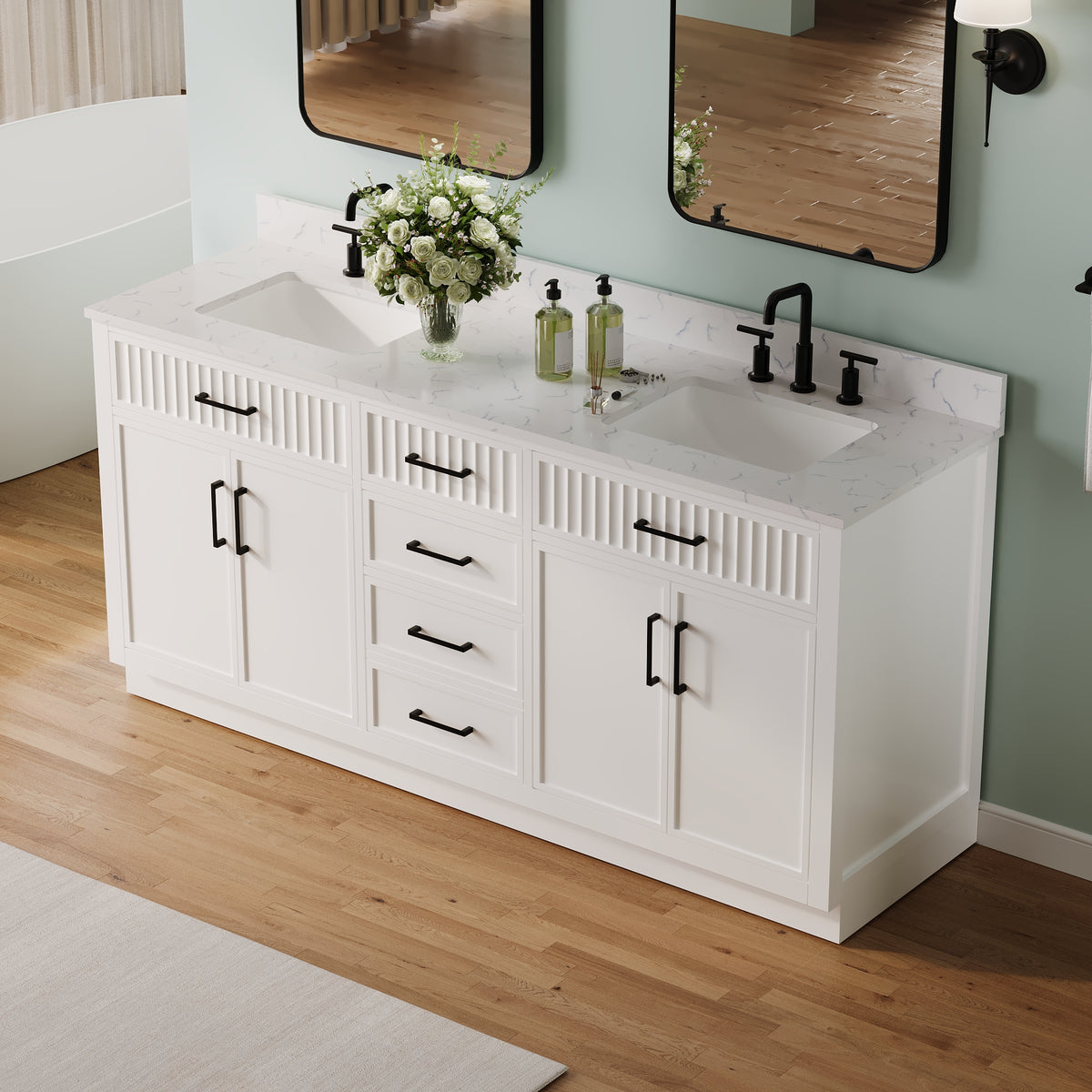 72 Inch Freestanding Solid Wood & Plywood Bathroom Vanity with Soft-Close Drawers, Carrara White Quartz Countertop, White