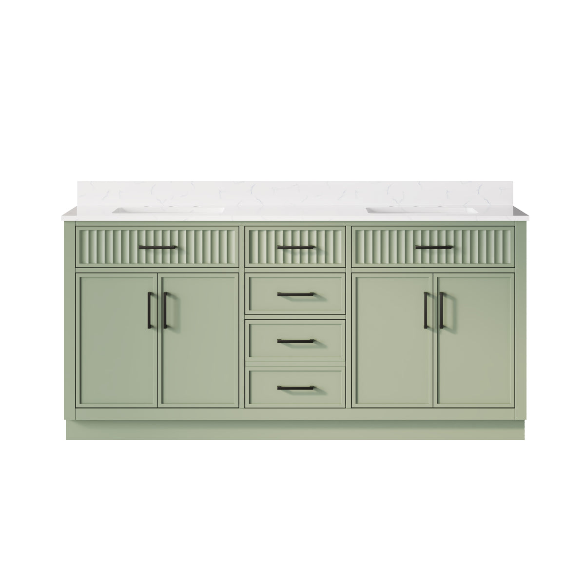 72 Inch Freestanding Solid Wood & Plywood Bathroom Vanity with Soft-Close Drawers, Carrara White Quartz Countertop, SAGE GREEN