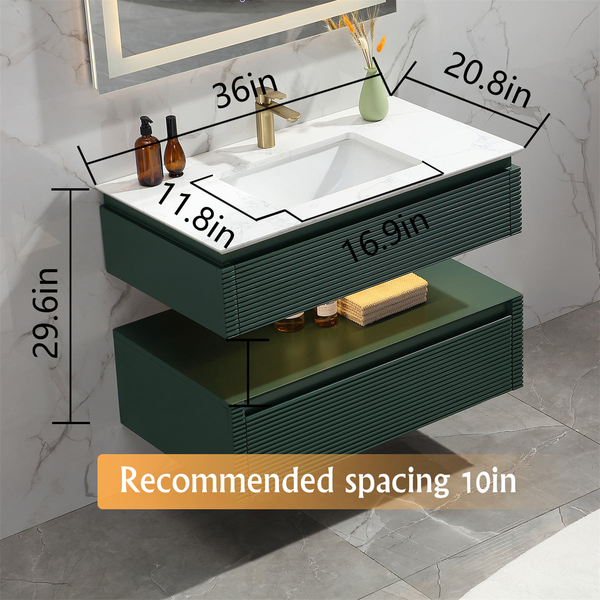 36" Floating Bathroom Vanity Set in Green with Lights and White Marble Countertop