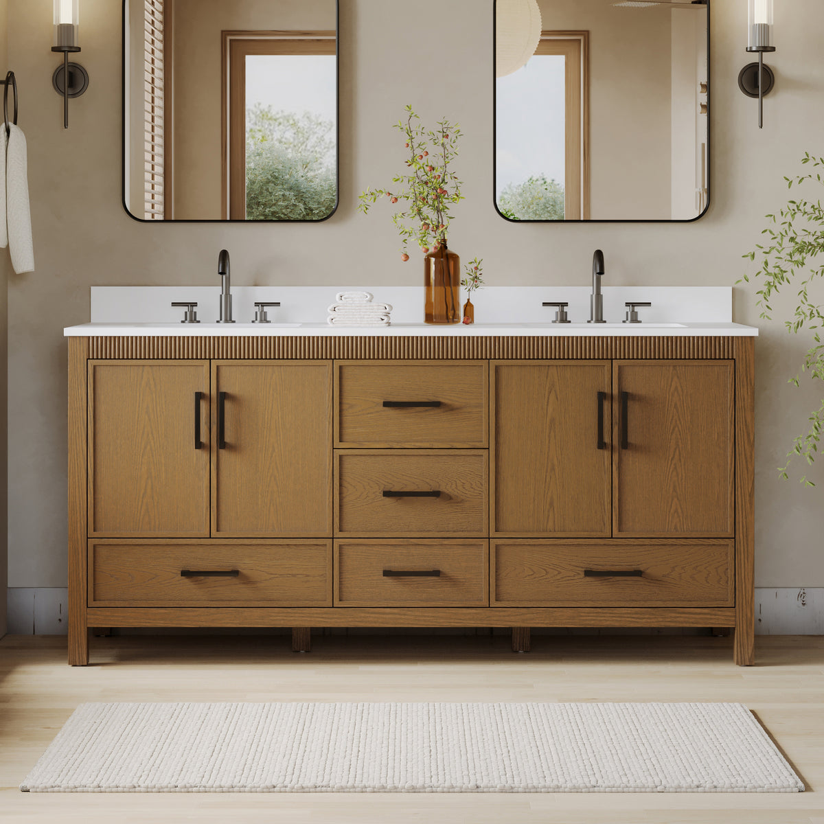 72 Inch Freestanding Solid Wood Bathroom Vanity with Pure White Quartz Countertop, 4 Soft-Close Doors & 5 Dovetail Drawers, Walnut