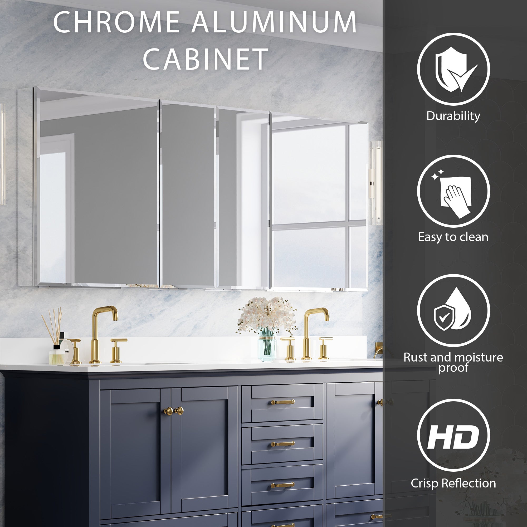 72 in.×30 in.H Aluminum Copper-Free Mirror Medicine Cabinet with Beveled Mirror Door, Recessed or Surface Mount, 12 Adjustable Shelves