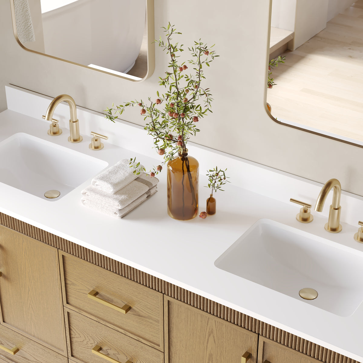 72 Inch Freestanding Solid Wood Bathroom Vanity with Pure White Quartz Countertop, 4 Soft-Close Doors & 5 Dovetail Drawers, Walnut