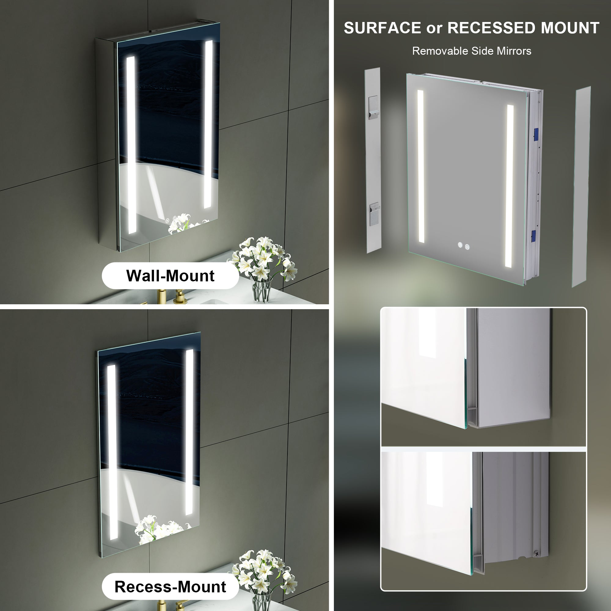 20 in. x 30 in. LED Lighted Surface/Recessed Mount Mirror Medicine Cabinet with Outlet Right Side
