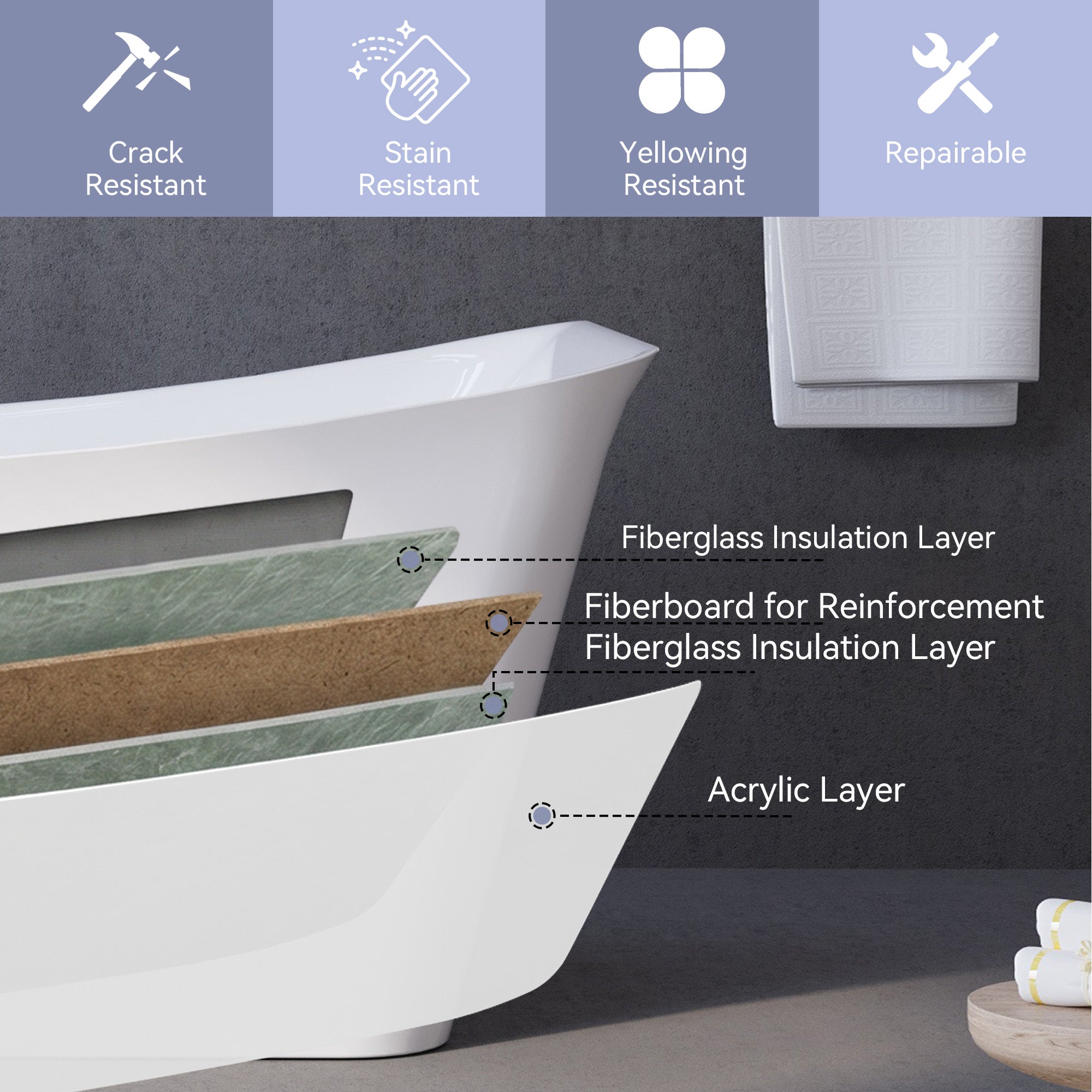64" Freestanding Acrylic Soaking Bathtub with Ergonomic Design, Integrated Slotted Overflow & Pop-Up Drain