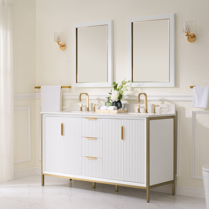 60" Bathroom Vanity in White with Quartz Vanity Top in Carrara