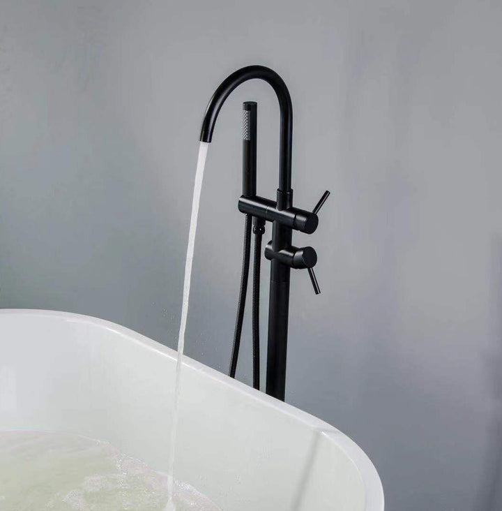2-Handle Free Standing Floor Mount Bathroom Tub Faucets with Handheld Shower in Matte Black