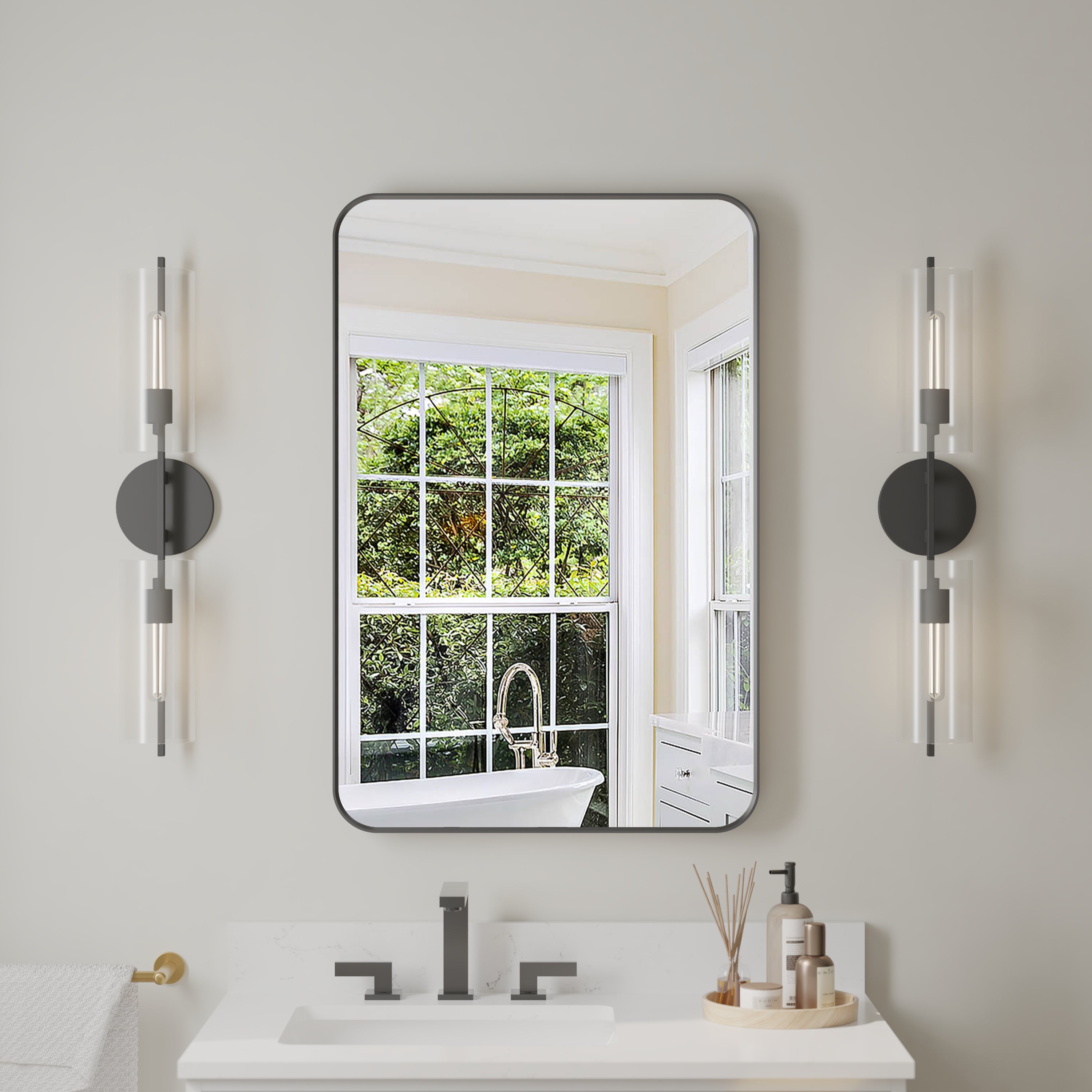 Clavie Rectangular Framed Bathroom Mirror, 16x24 Bathroom Wall Mirror with Rounded Corner, Size: 16 x 24, Black Clavie Rectangular Framed Bathroom Mirror, 16x24 Bathroom Wall Mirror with Rounded Corner, Size: 16 x 24, Black