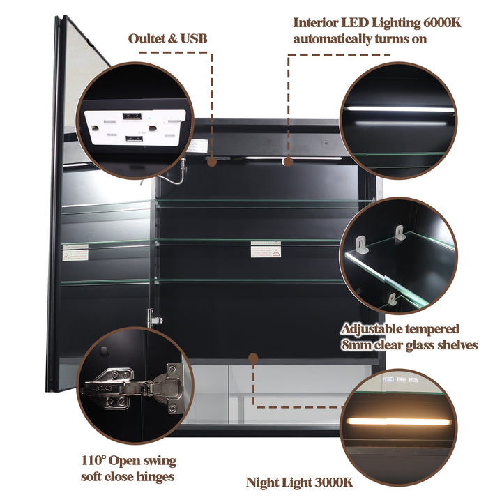 24" W x 32" H Lighted Black Bathroom Medicine Cabinet with Double Sided Mirror And Lights，Outlet Left Side