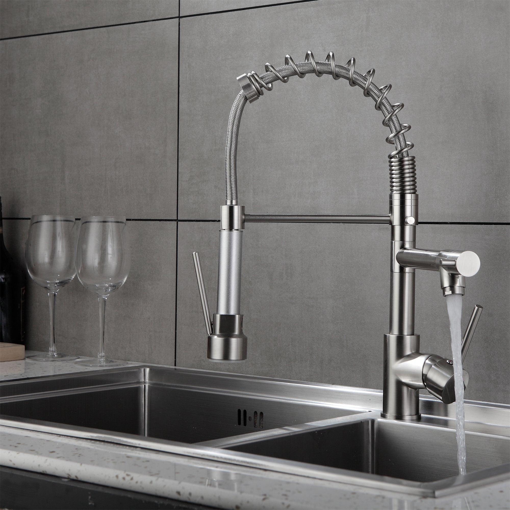 Kitchen Spring Faucets with Pull Down Sprayer-2 Functions Sprayer