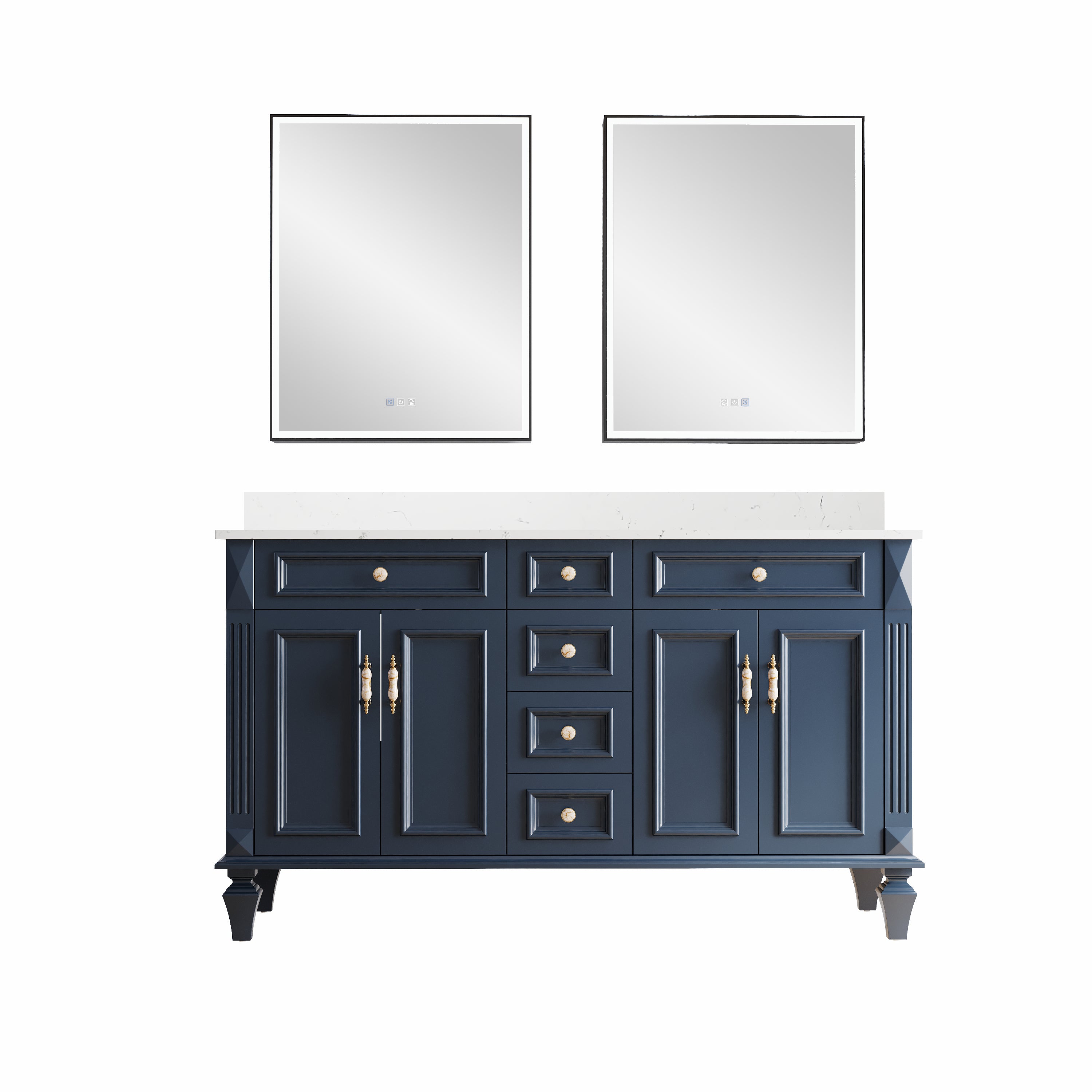 60" Navy Blue Solid Wood Bathroom Vanity & 2-Piece 24" LED Mirror Medicine Cabinet Combo