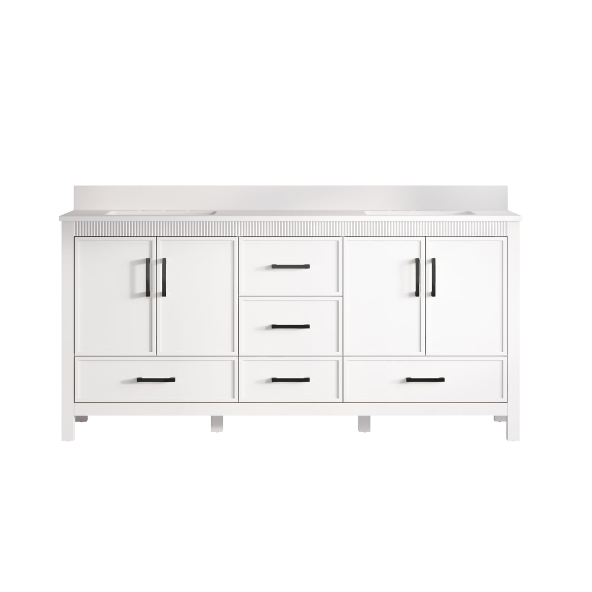 72 Inch Freestanding Solid Wood Bathroom Vanity with Pure White Quartz Countertop, 4 Soft-Close Doors & 5 Dovetail Drawers, White